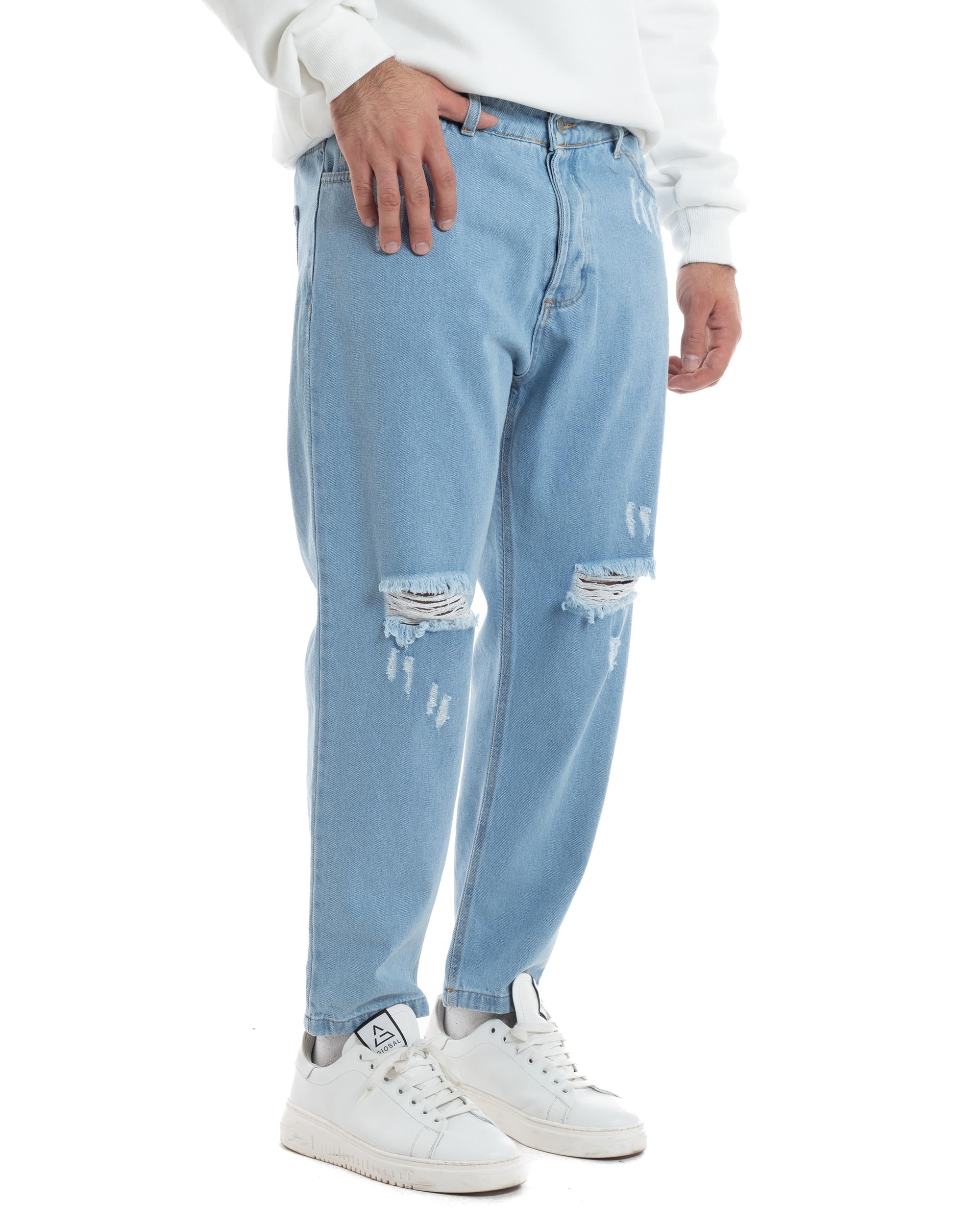 Jeans Uomo Con Rotture Pantaloni Taglio Al Ginocchio Abrasioni Regular Fit Casual Denim Chiaro GIOSAL-JS1068A