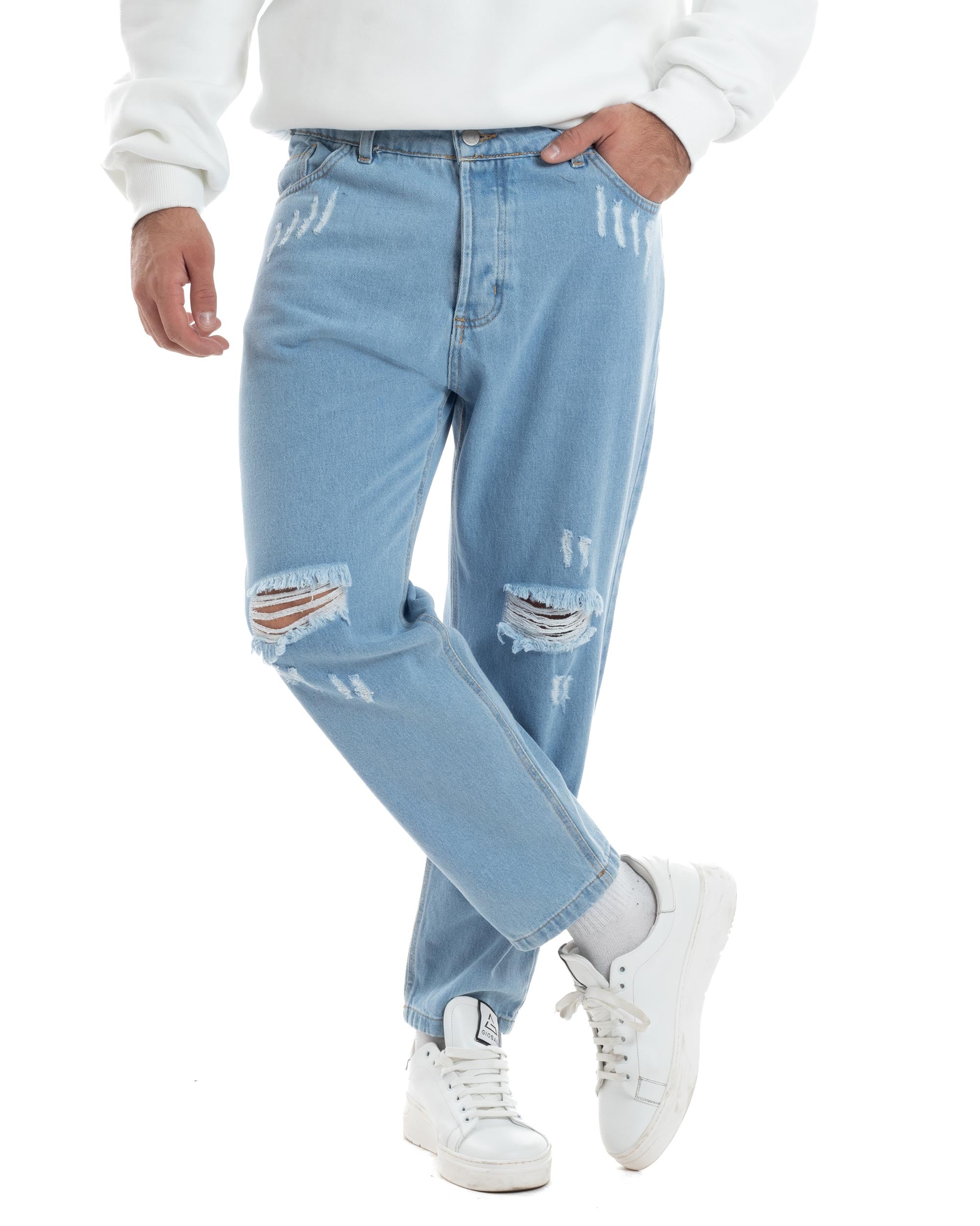 Jeans Uomo Con Rotture Pantaloni Taglio Al Ginocchio Abrasioni Regular Fit Casual Denim Chiaro GIOSAL-JS1068A