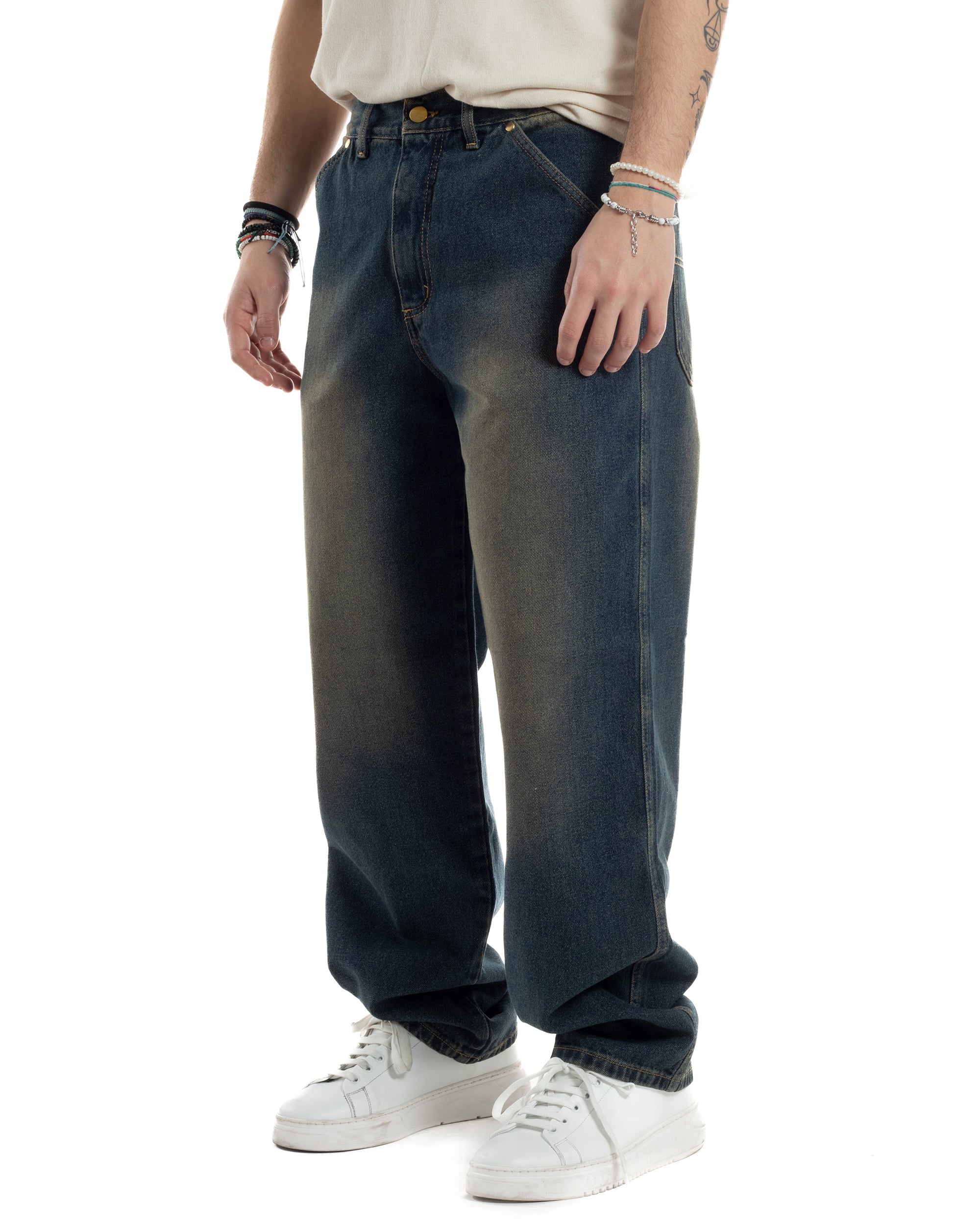 Jeans Uomo Pantaloni Baggy Cinque Tasche Comodo Basic Wide Fit Casual Denim Sabbiato GIOSAL-JS1070A