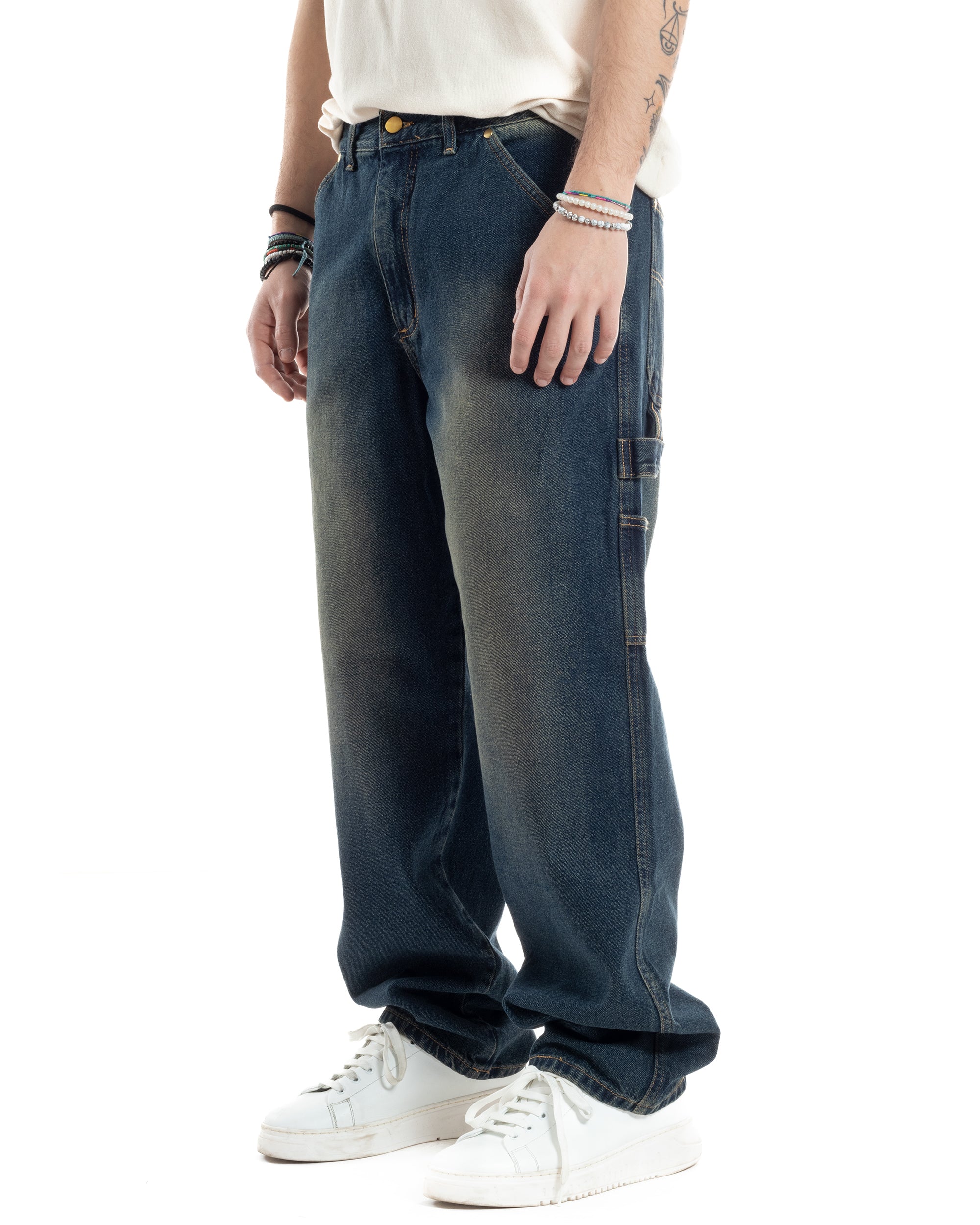 Jeans Uomo Pantaloni Baggy Carpenter Worker Cinque Tasche Comodo Basic Wide Fit Denim Sabbiato GIOSAL-JS1072A