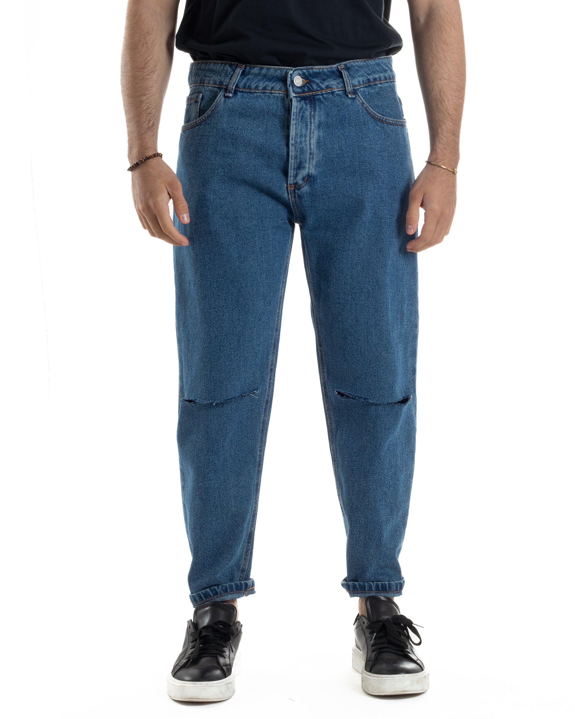 Jeans Uomo Pantaloni Cinque Tasche Regular Fit Basic Con Rotture Taglio Al Ginocchio Casual Denim Scuro GIOSAL-JS1101A