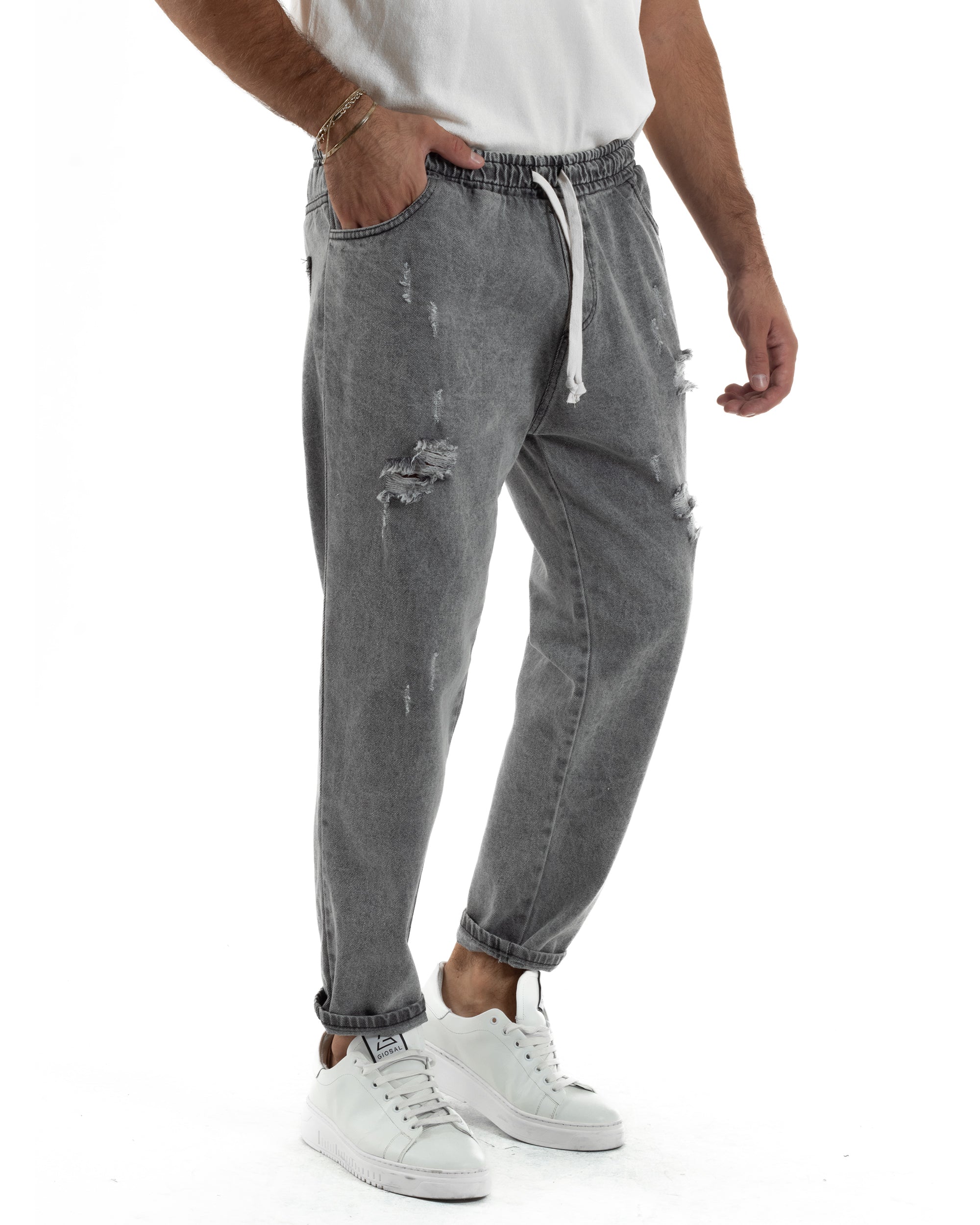 Jeans Jogger Cotone Loose Fit Rotture Grigio JS1151A