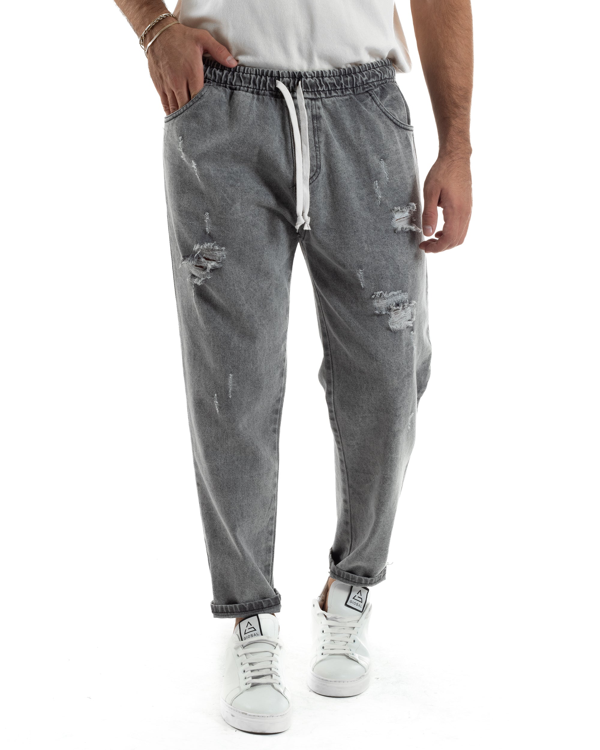 Jeans Jogger Cotone Loose Fit Rotture Grigio JS1151A