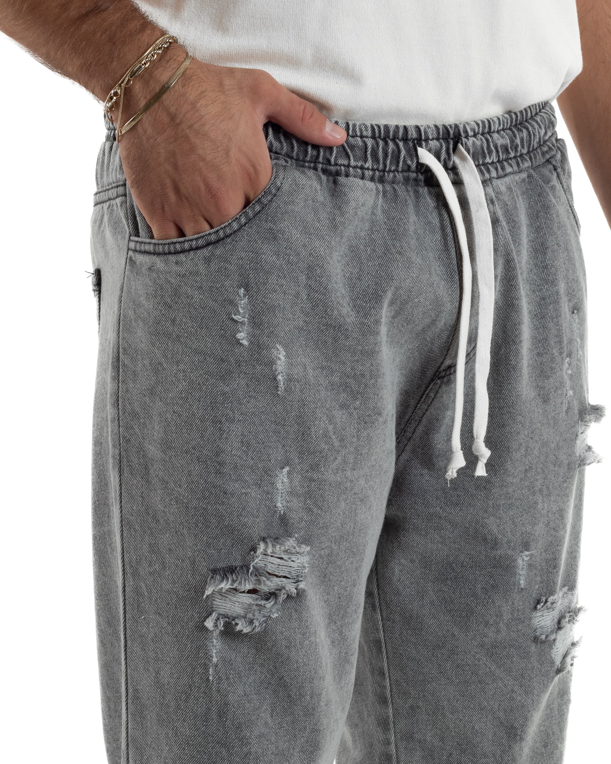 Jeans Jogger Cotone Loose Fit Rotture Grigio JS1151A