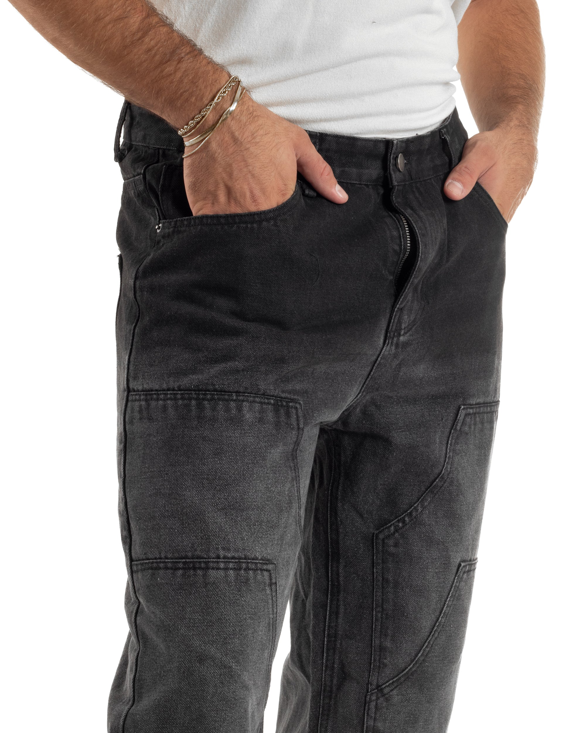 Jeans Uomo Pantaloni Carpenter Denim Sfumato Nero Baggy Fit JS1157A