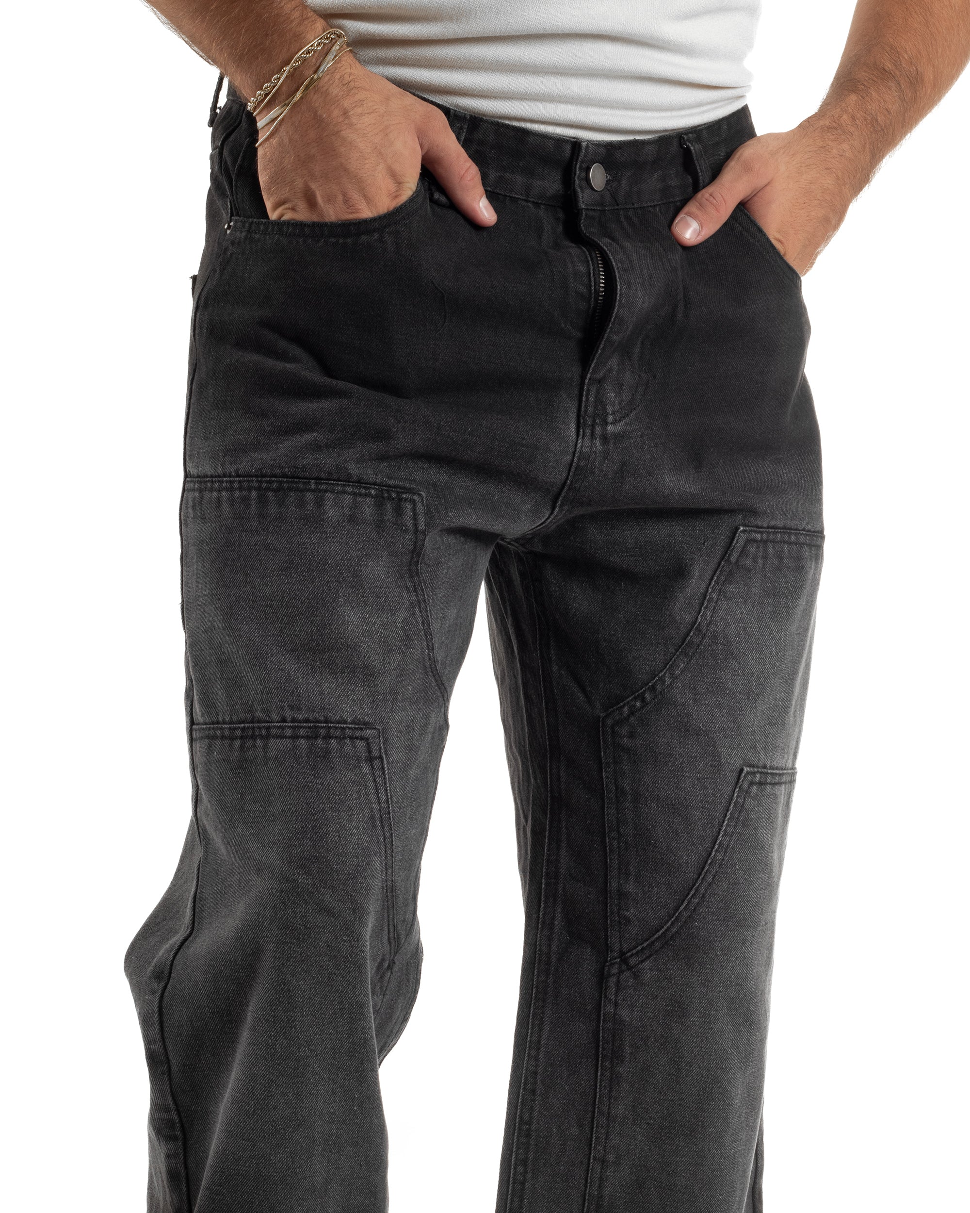 Jeans Uomo Pantaloni Carpenter Denim Sfumato Nero Baggy Fit JS1157A
