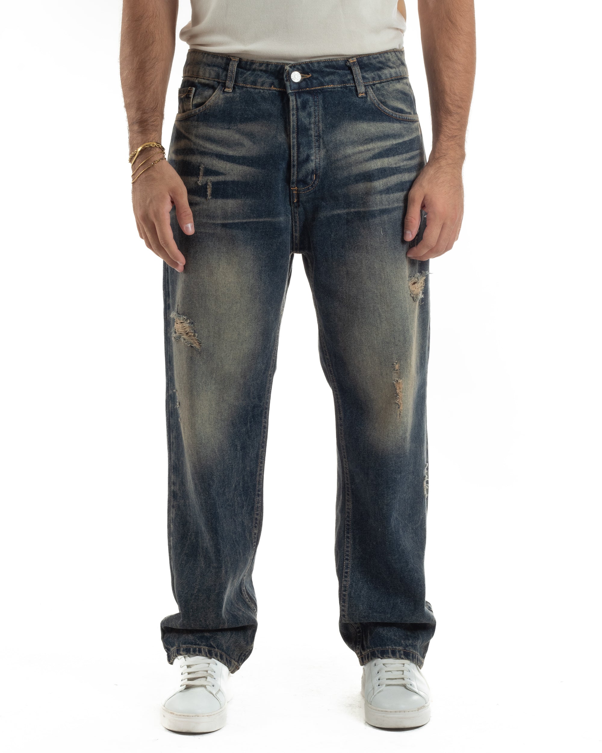 Jeans Uomo Pantaloni Denim Sfumato Sabbiato Baggy Fit JS1159A