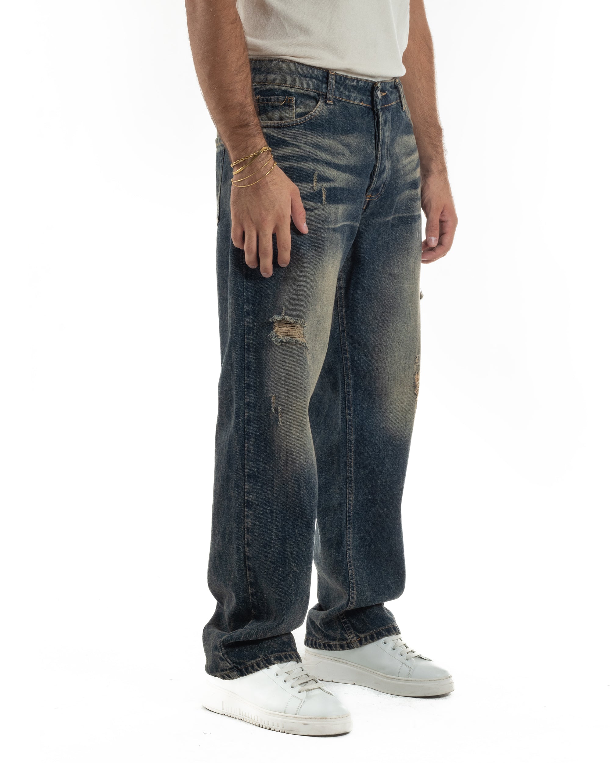 Jeans Uomo Pantaloni Denim Sfumato Sabbiato Baggy Fit JS1159A
