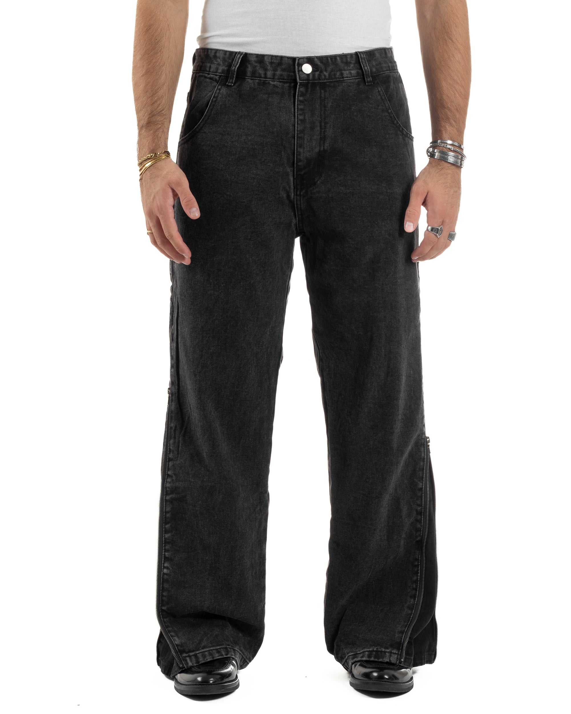 Jeans Uomo Wide Leg Zip Laterali Pantaloni Baggy Denim Nero JS1161A