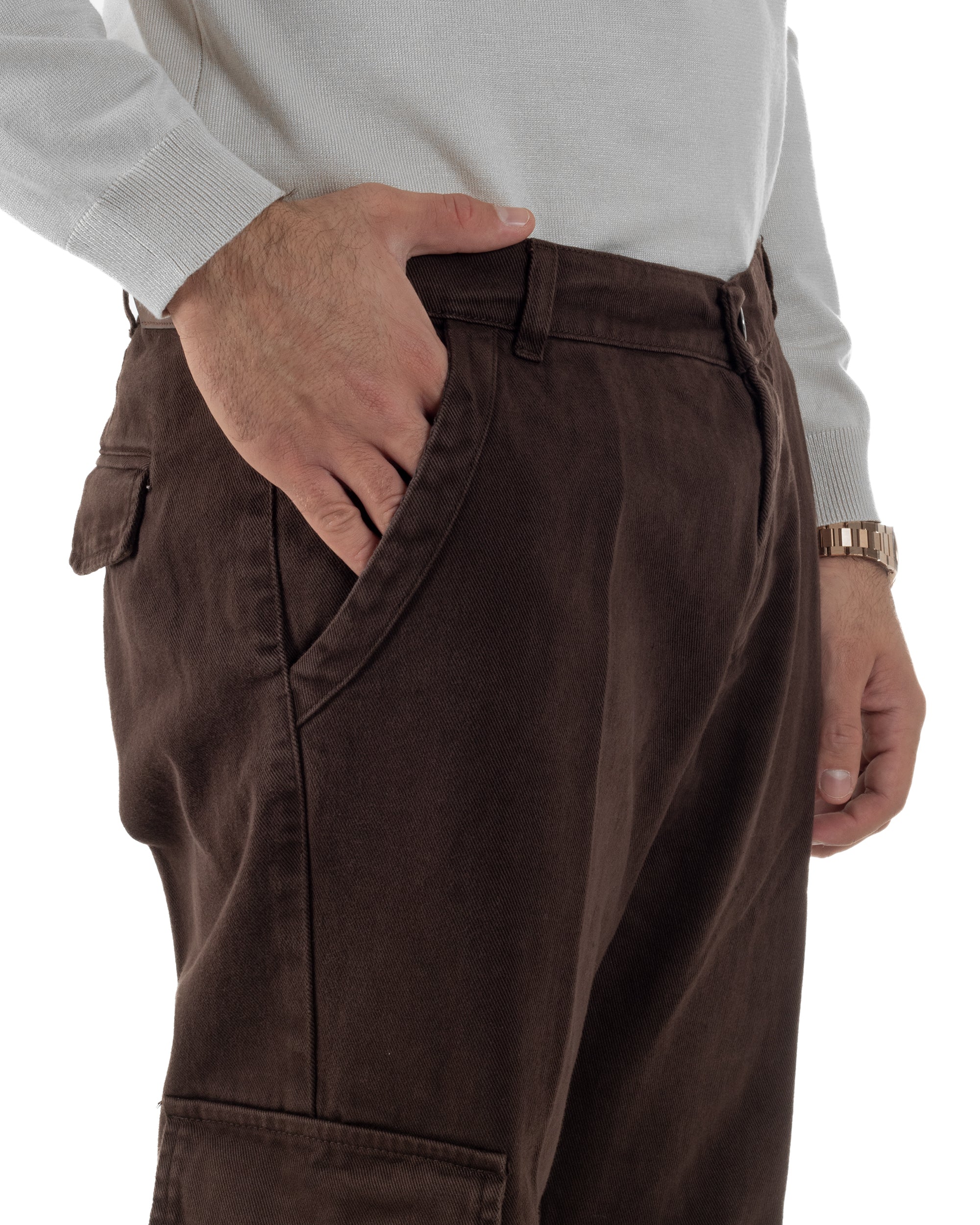 Pantaloni Uomo Cargo Loose Fit Jeans Tasconi Tasche America Marrone BlackSunday JS1168A