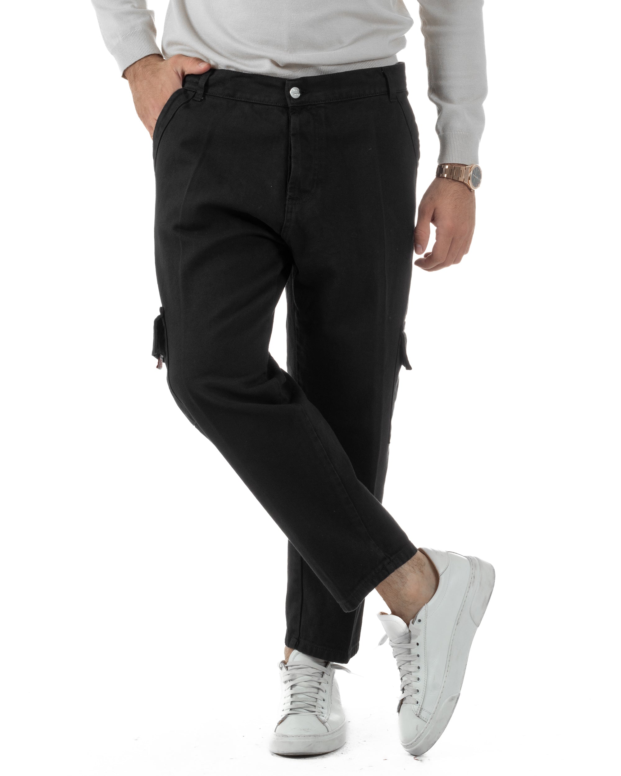 Pantaloni Uomo Cargo Loose Fit Jeans Tasconi Tasche America Nero BlackSunday JS1169A