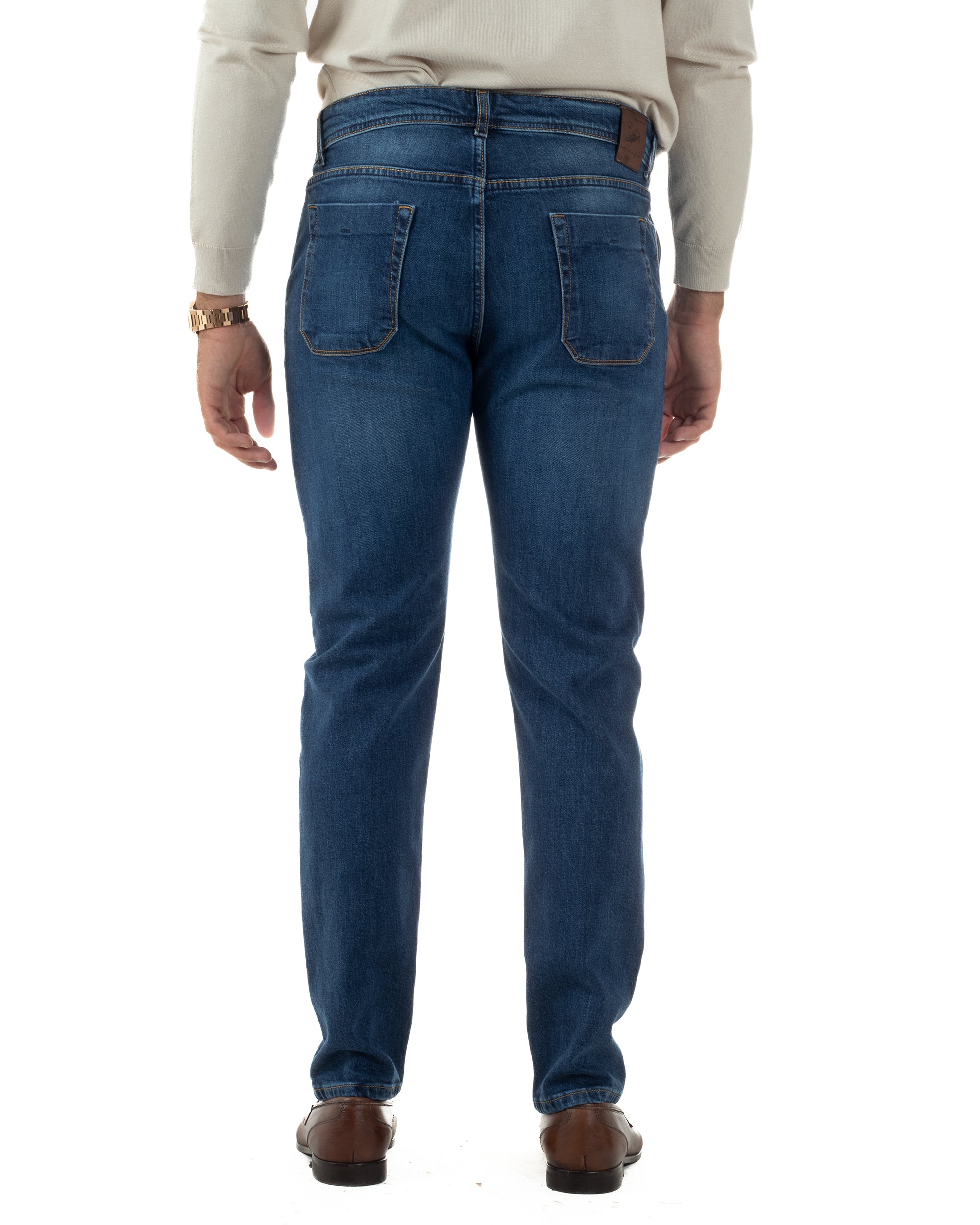 Jeans Uomo Pantaloni Tasche America Slim Fit Basic Denim Scuro Blu JS1170A