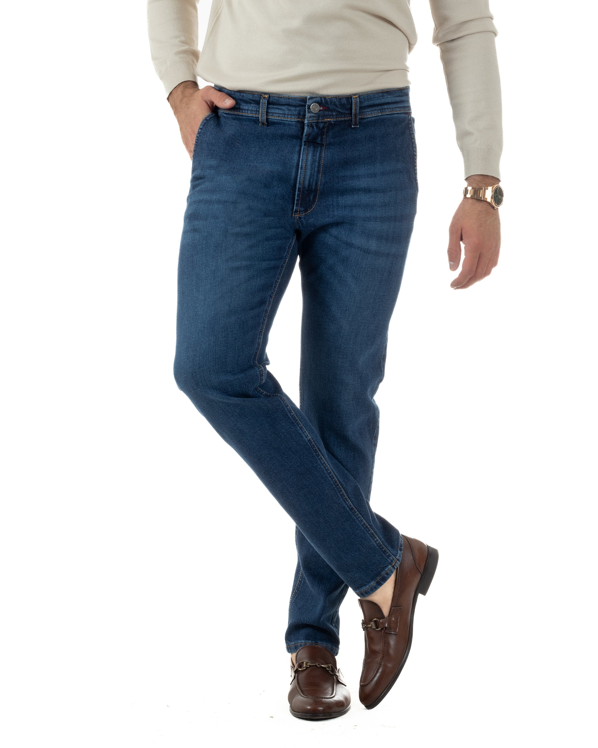 Jeans Uomo Pantaloni Tasche America Slim Fit Basic Denim Scuro Blu JS1170A