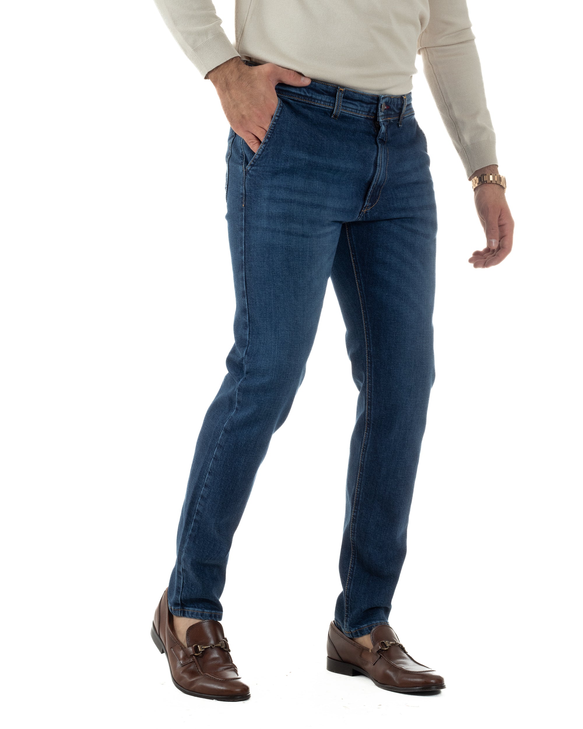 Jeans Uomo Pantaloni Tasche America Slim Fit Basic Denim Scuro Blu JS1170A