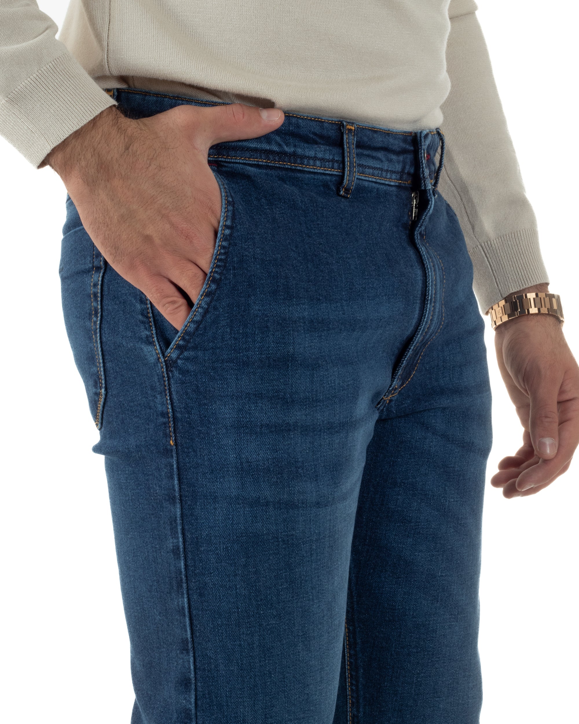 Jeans Uomo Pantaloni Tasche America Slim Fit Basic Denim Scuro Blu JS1170A