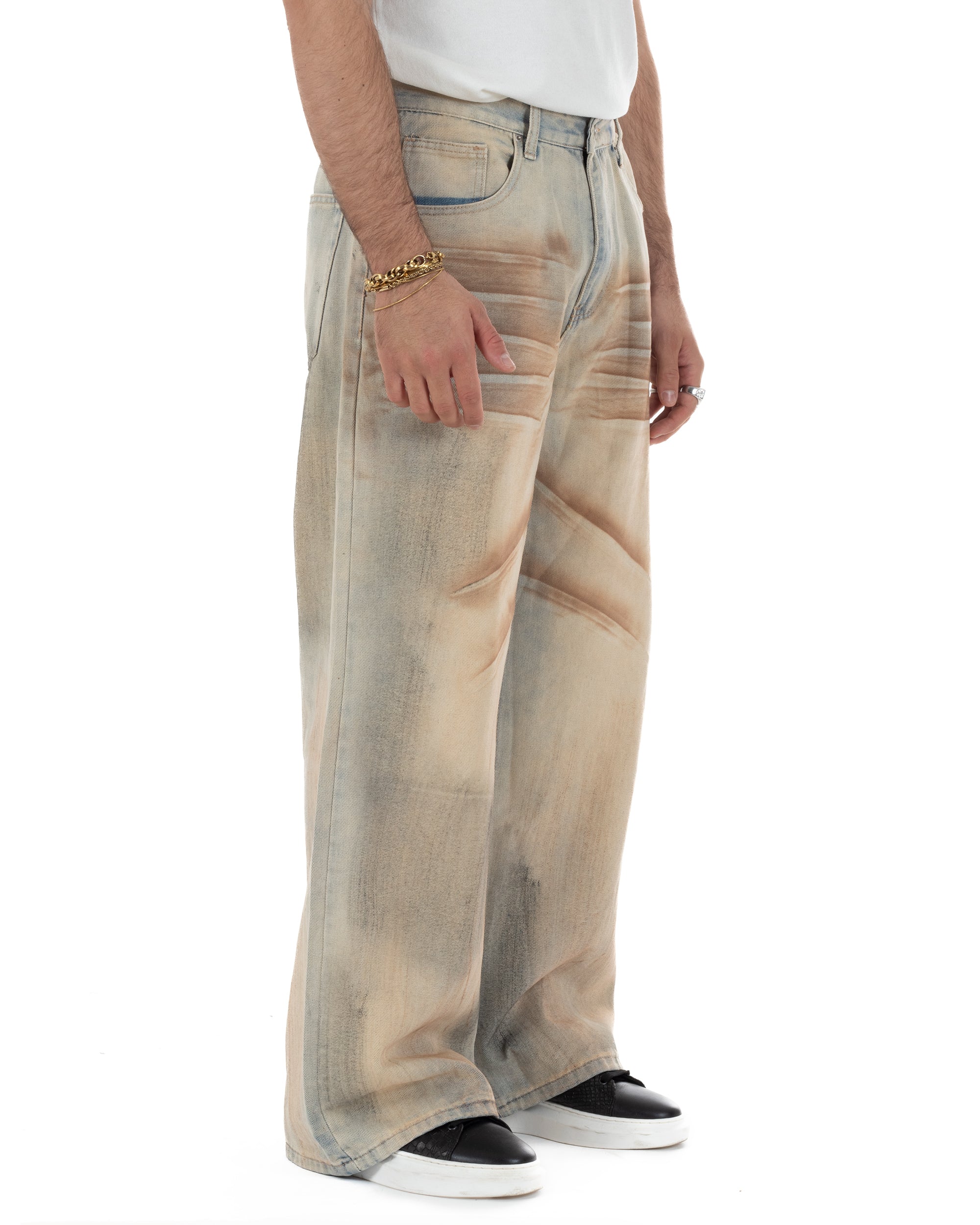 Vista completa jeans uomo super baggy denim sabbiato vestibilità ampia