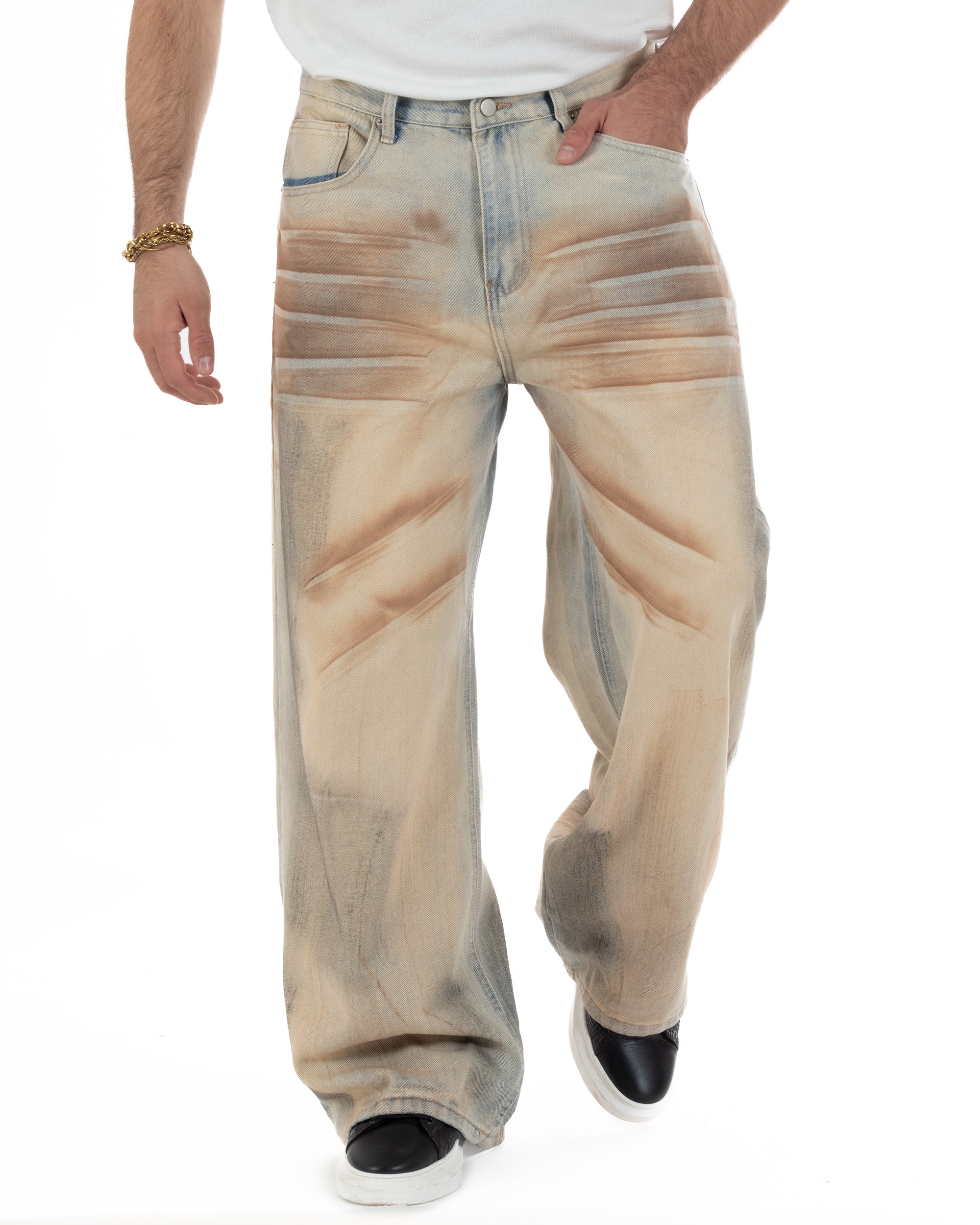 Jeans uomo super baggy denim sabbiato blu marrone cinque tasche casual