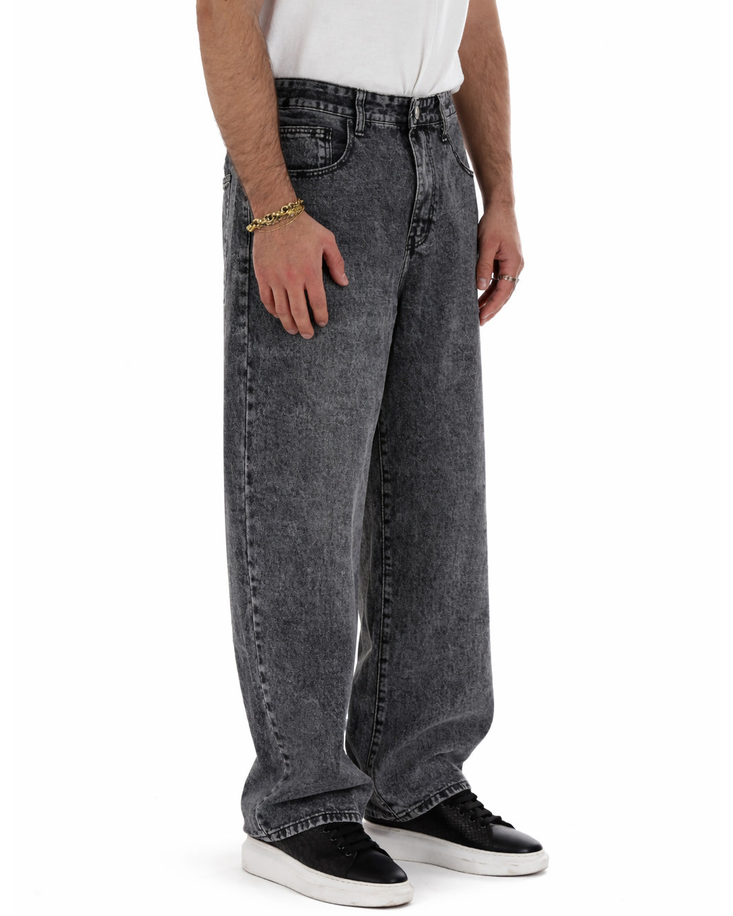 Vista completa jeans uomo baggy barrel fit denim grigio streetwear casual
