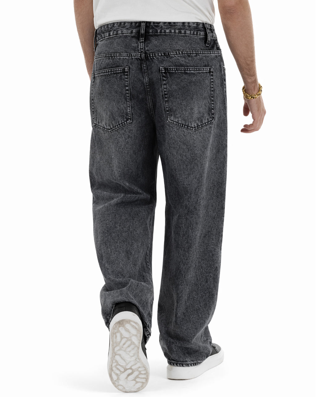 Vista posteriore jeans baggy barrel fit denim grigio cinque tasche uomo