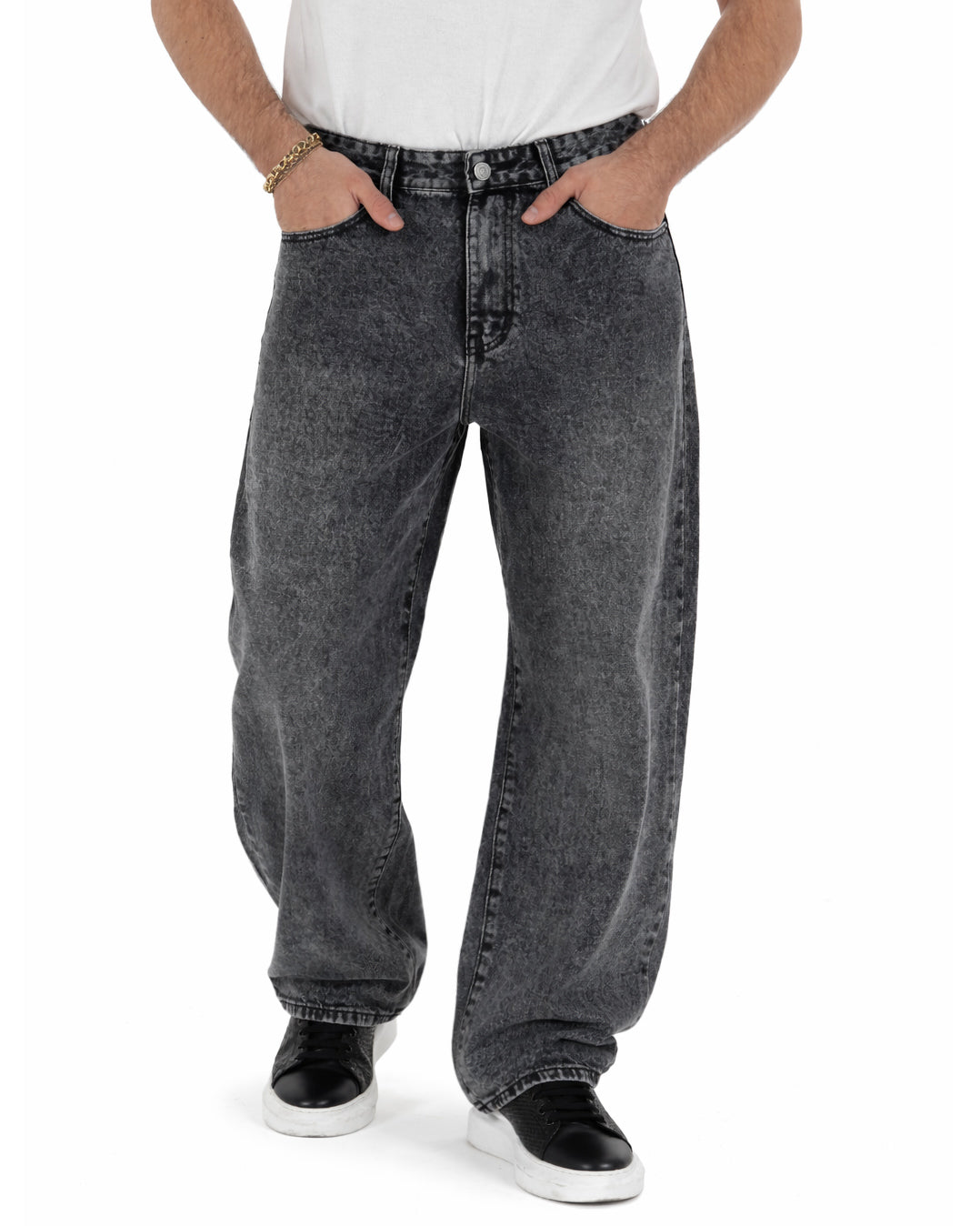 Jeans uomo baggy barrel fit denim grigio stone washed cinque tasche
