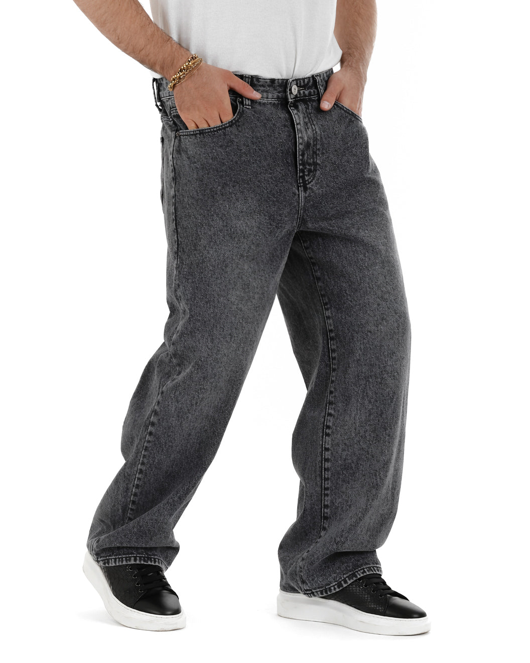 Vista laterale jeans uomo baggy barrel fit denim grigio vestibilità ampia