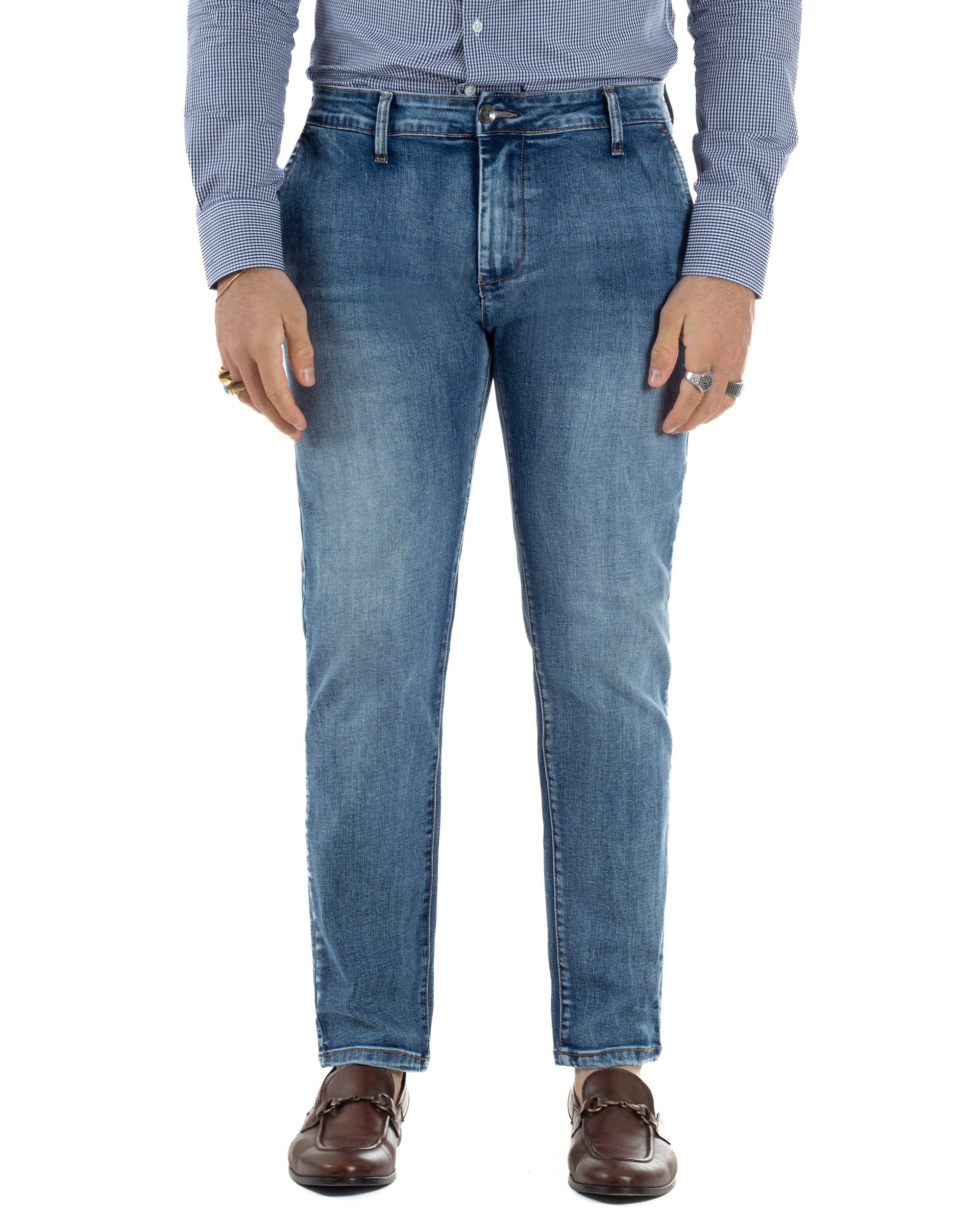 Vista completa jeans uomo blu slim fit denim 75% cotone casual