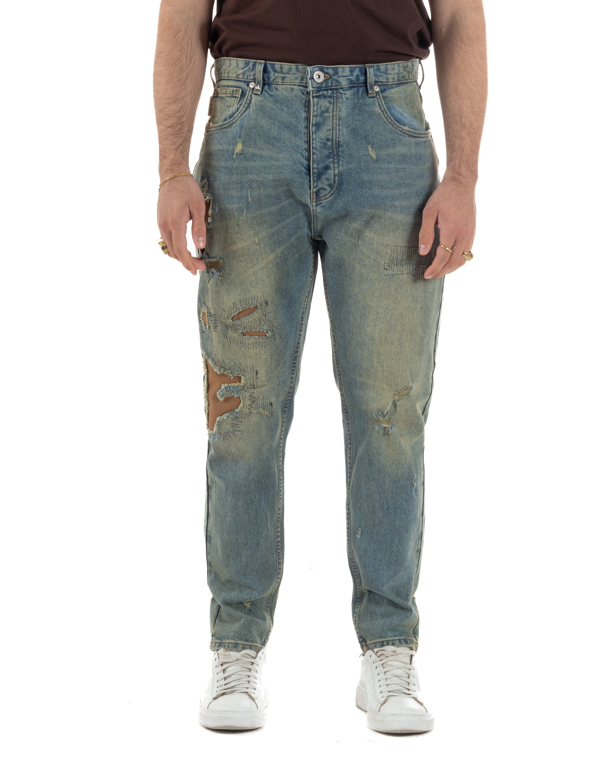 Jeans uomo cropped fit denim chiaro toppe abrasioni effetto vissuto street