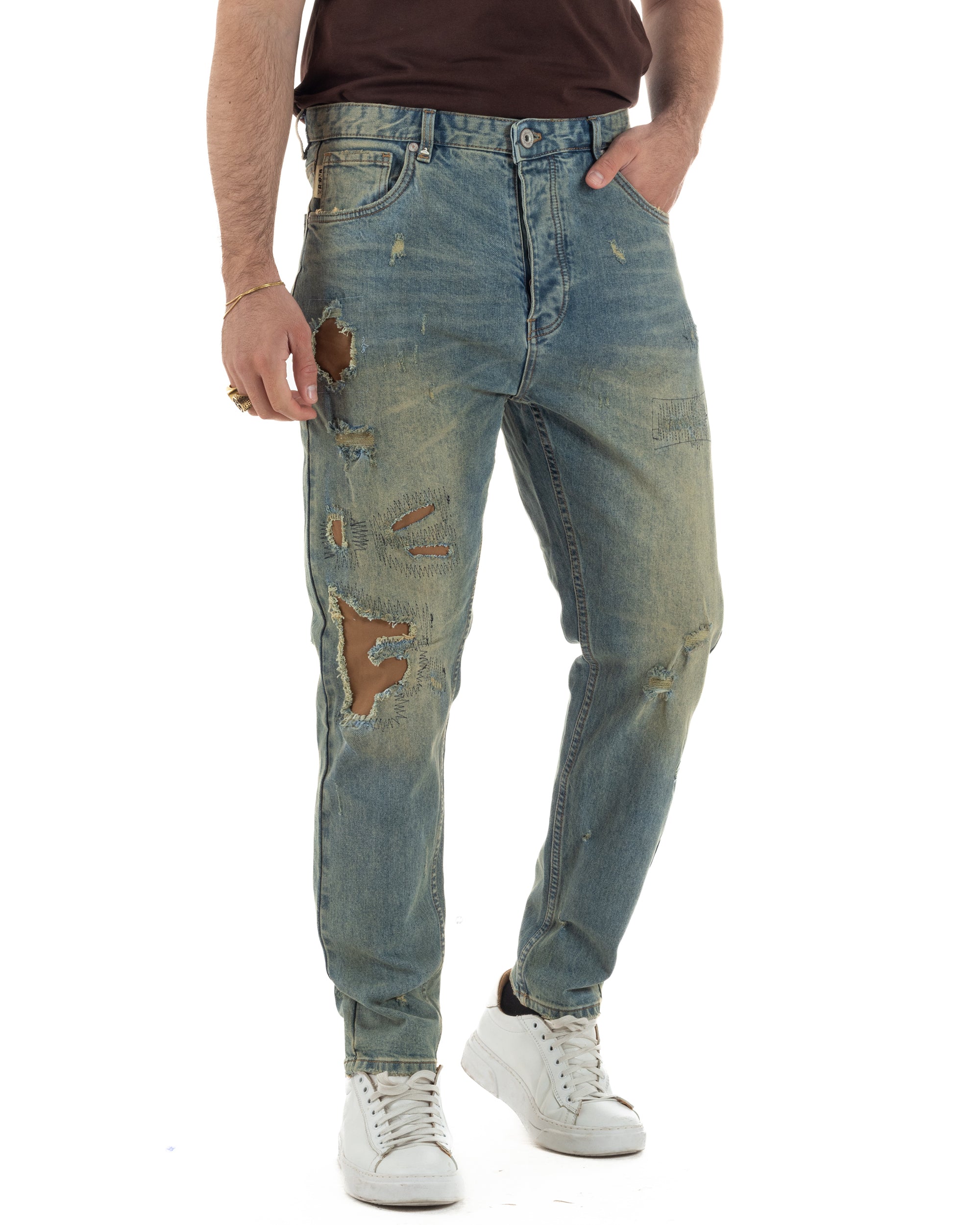 Jeans uomo cropped destroyed denim chiaro vintage sabbiato effetto biker Berna