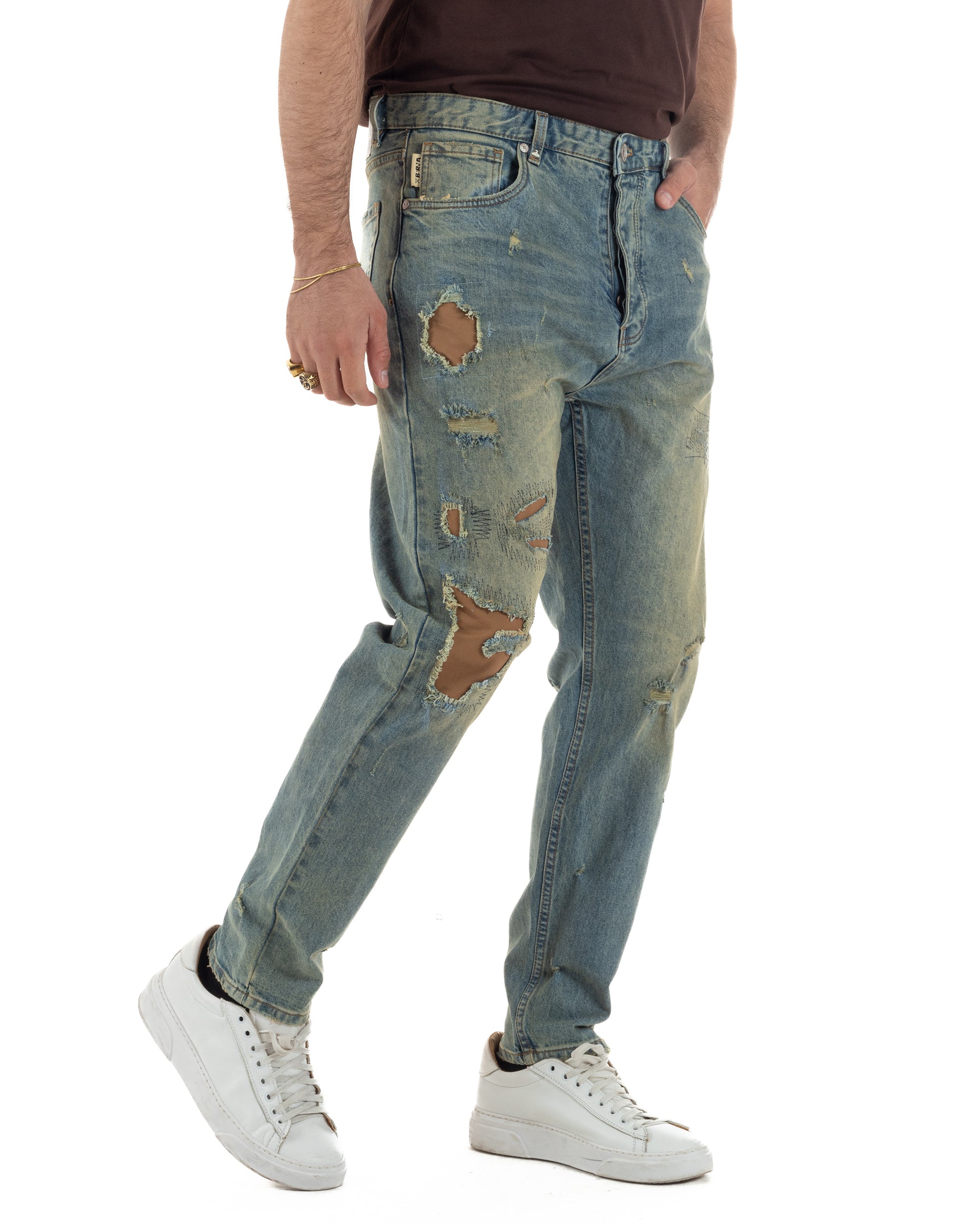 Pantalone jeans uomo destroyed vintage sabbiato lavaggio verde sabbia cropped