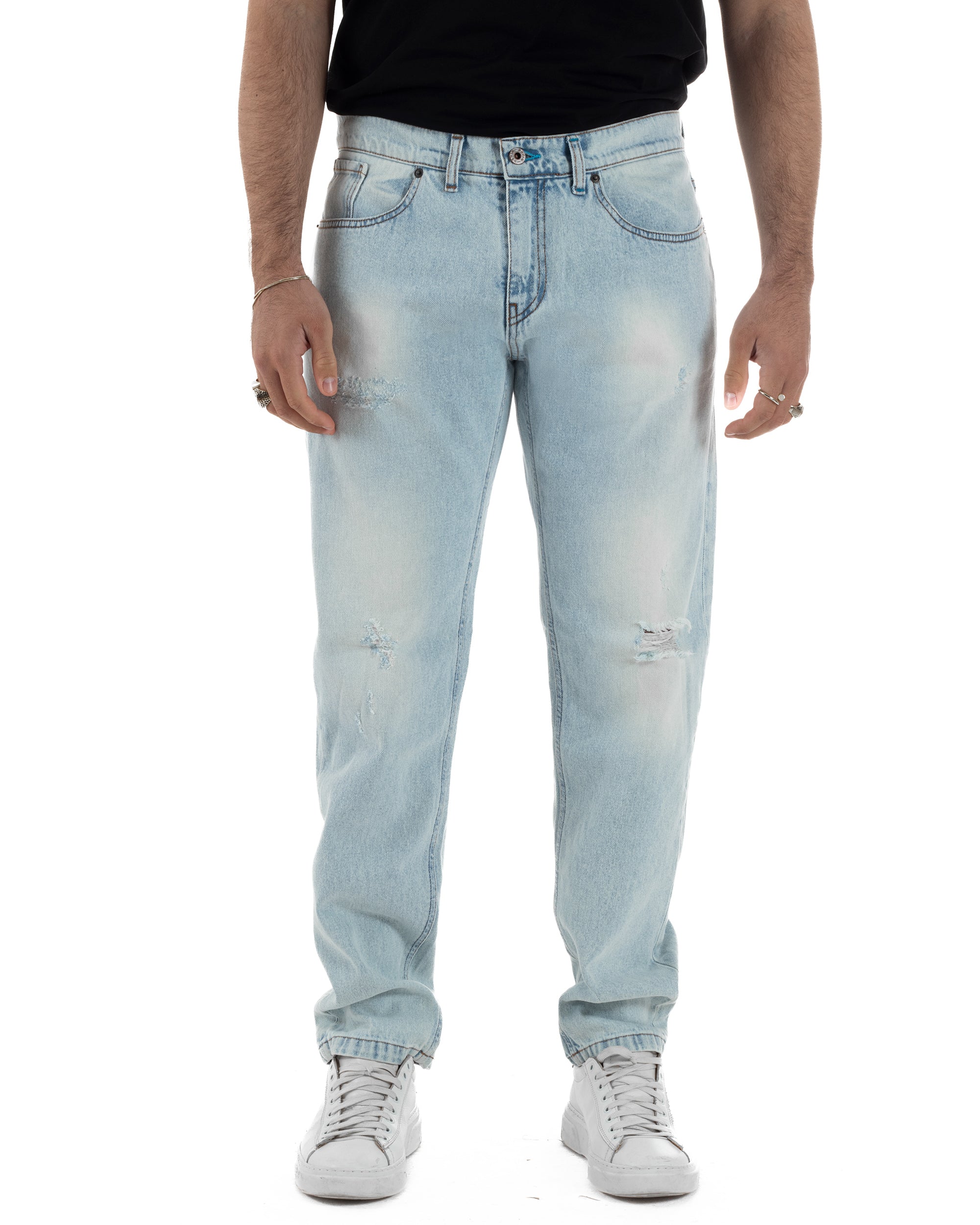  Pantalone jeans uomo 5 tasche denim chiaro lavaggio used rotture regular fit