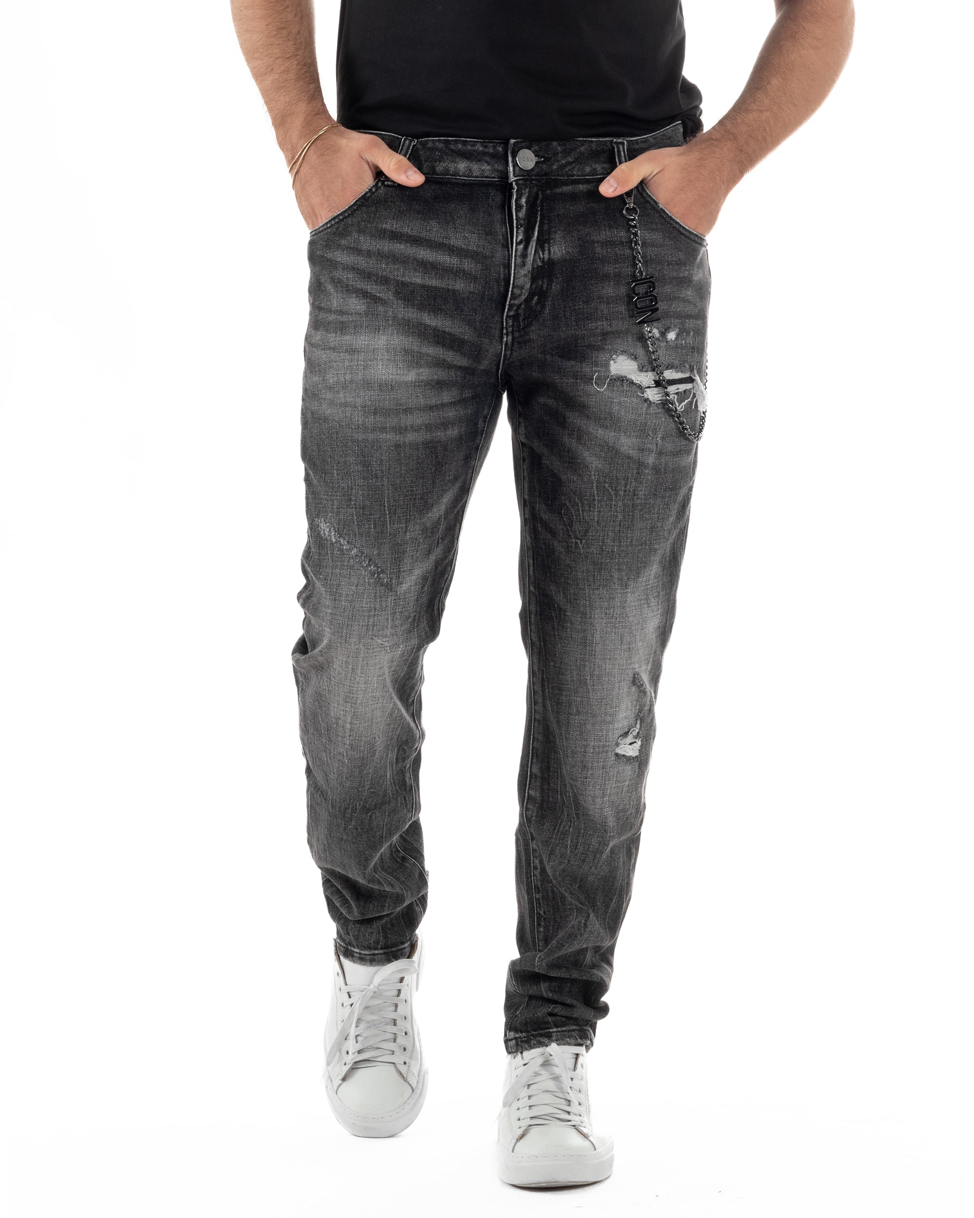 Jeans uomo cinque tasche slim fit sfumato rotture denim nero ICON IUD025