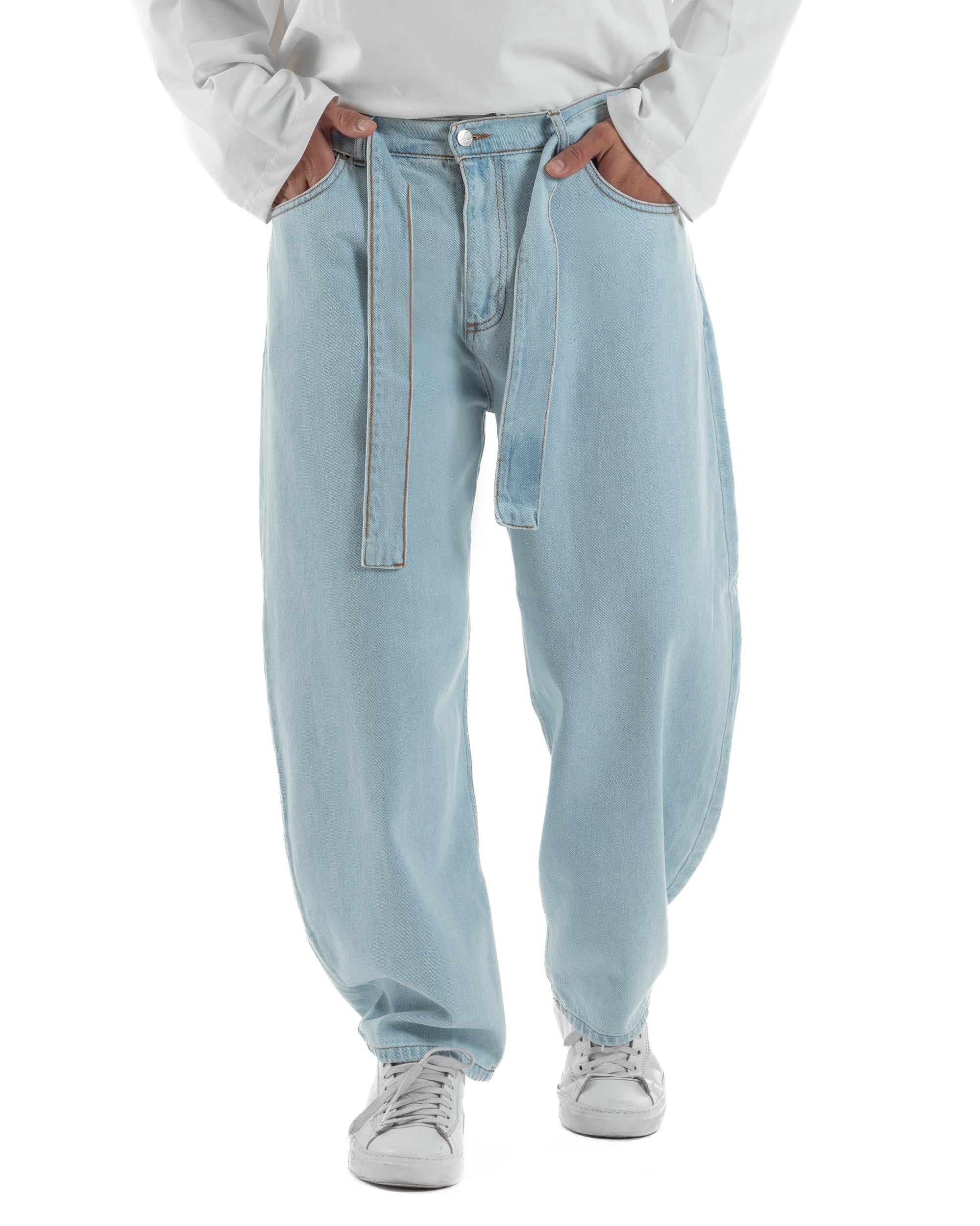 Jeans uomo denim chiaro barrel fit wide leg cintura laccio integrata Blacksunday