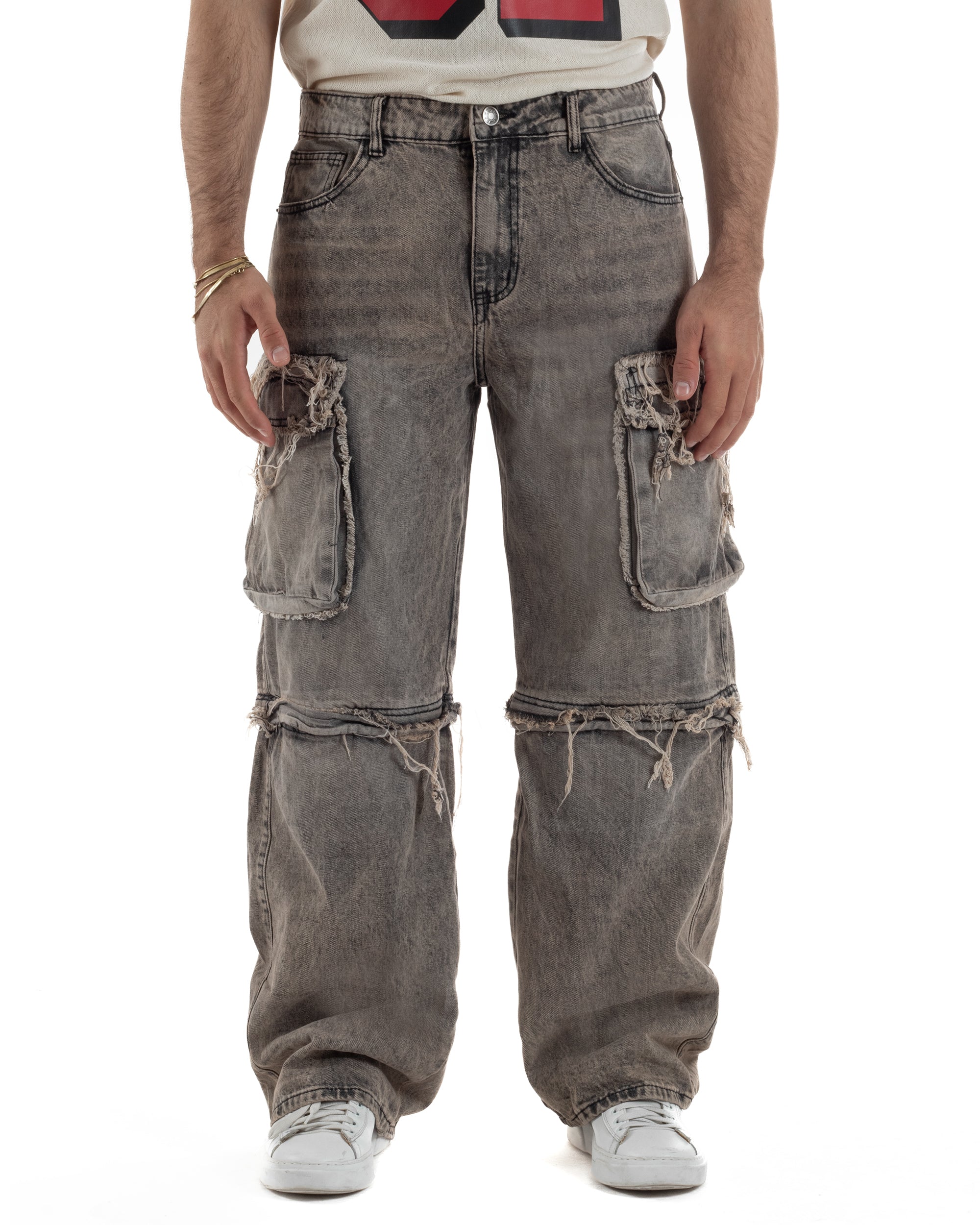 Jeans cargo uomo barrel fit stone-washed baggy tasconi zip nero sabbiato GIOSAL-JS1188A