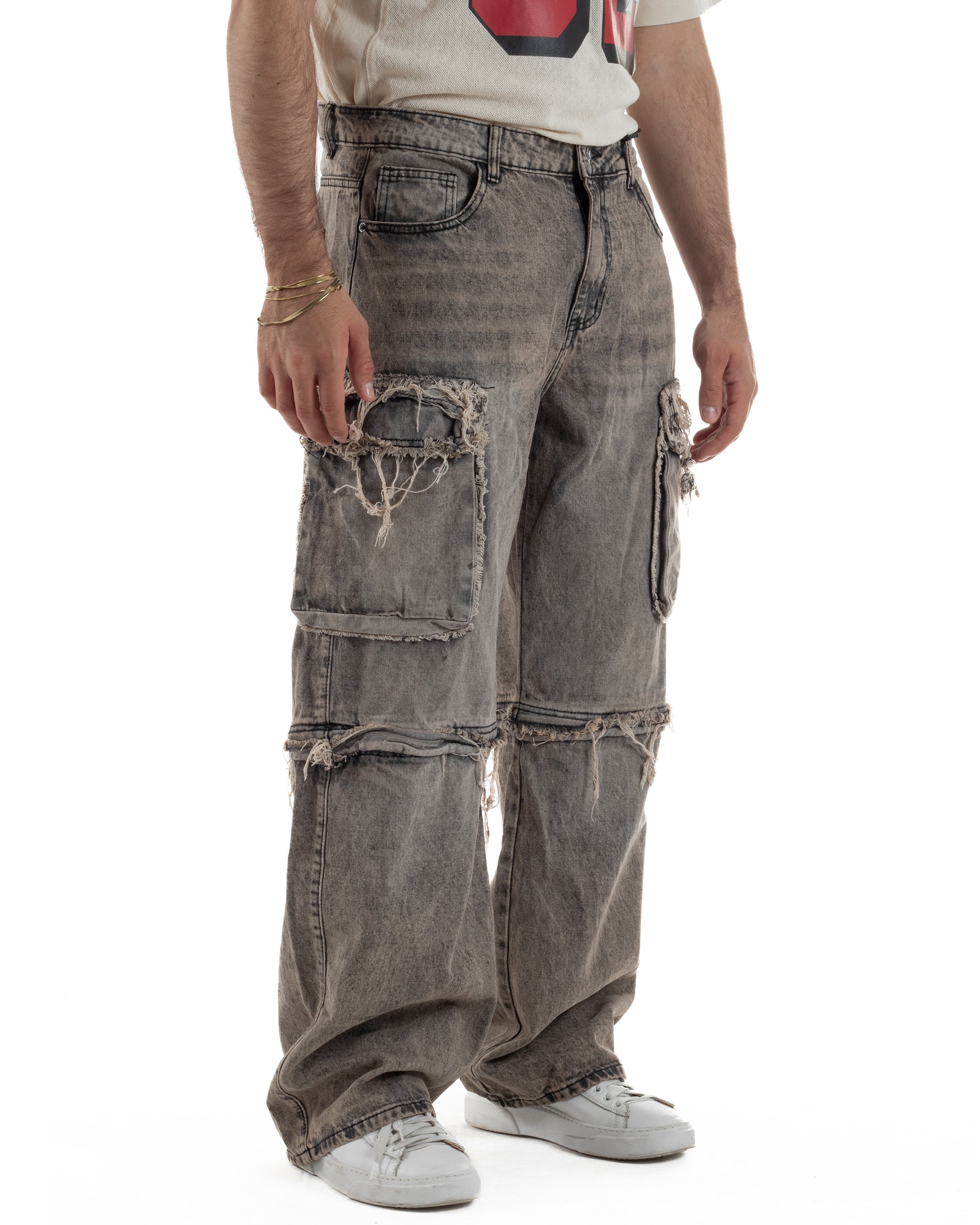 Jeans cargo uomo barrel fit stone-washed baggy tasconi zip nero sabbiato GIOSAL-JS1188A