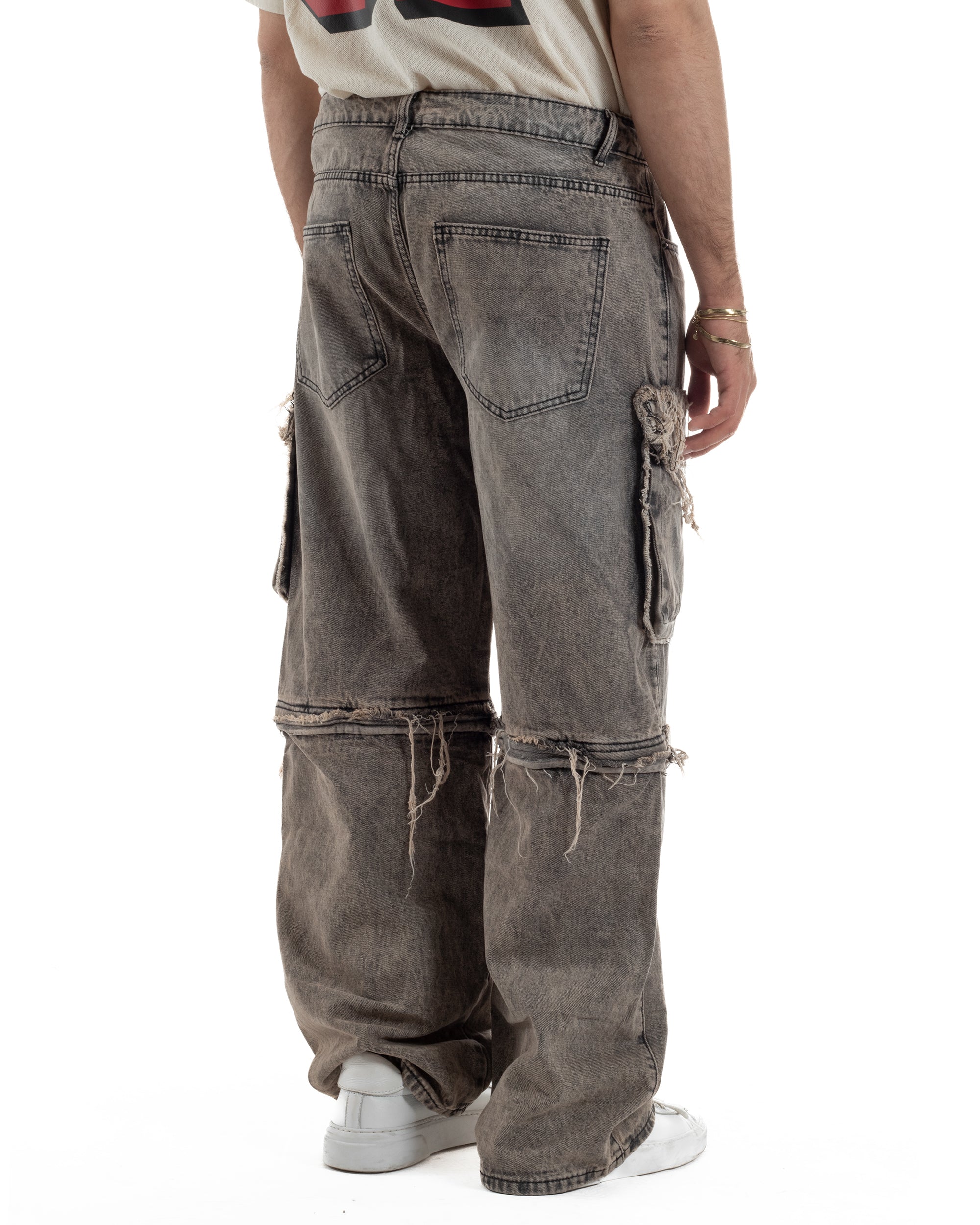 Jeans cargo uomo barrel fit stone-washed baggy tasconi zip nero sabbiato GIOSAL-JS1188A