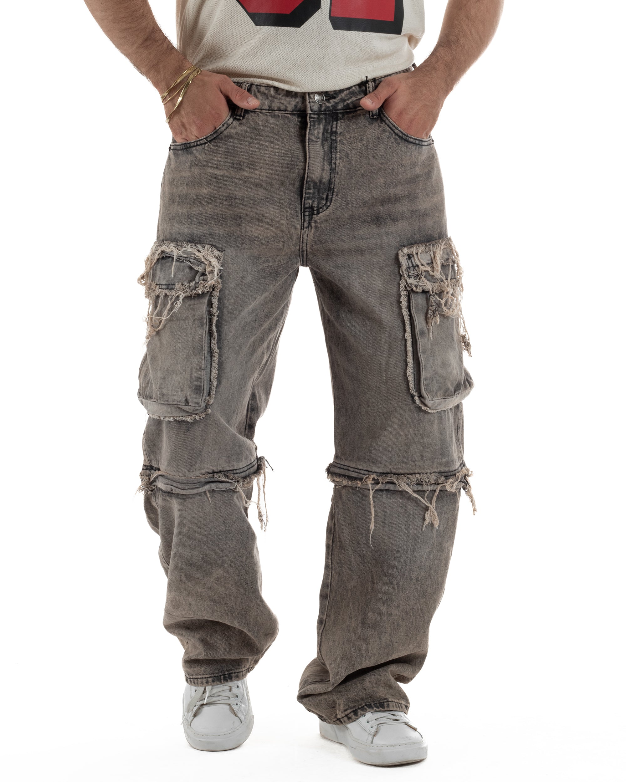 Jeans cargo uomo barrel fit stone-washed baggy tasconi zip nero sabbiato GIOSAL-JS1188A