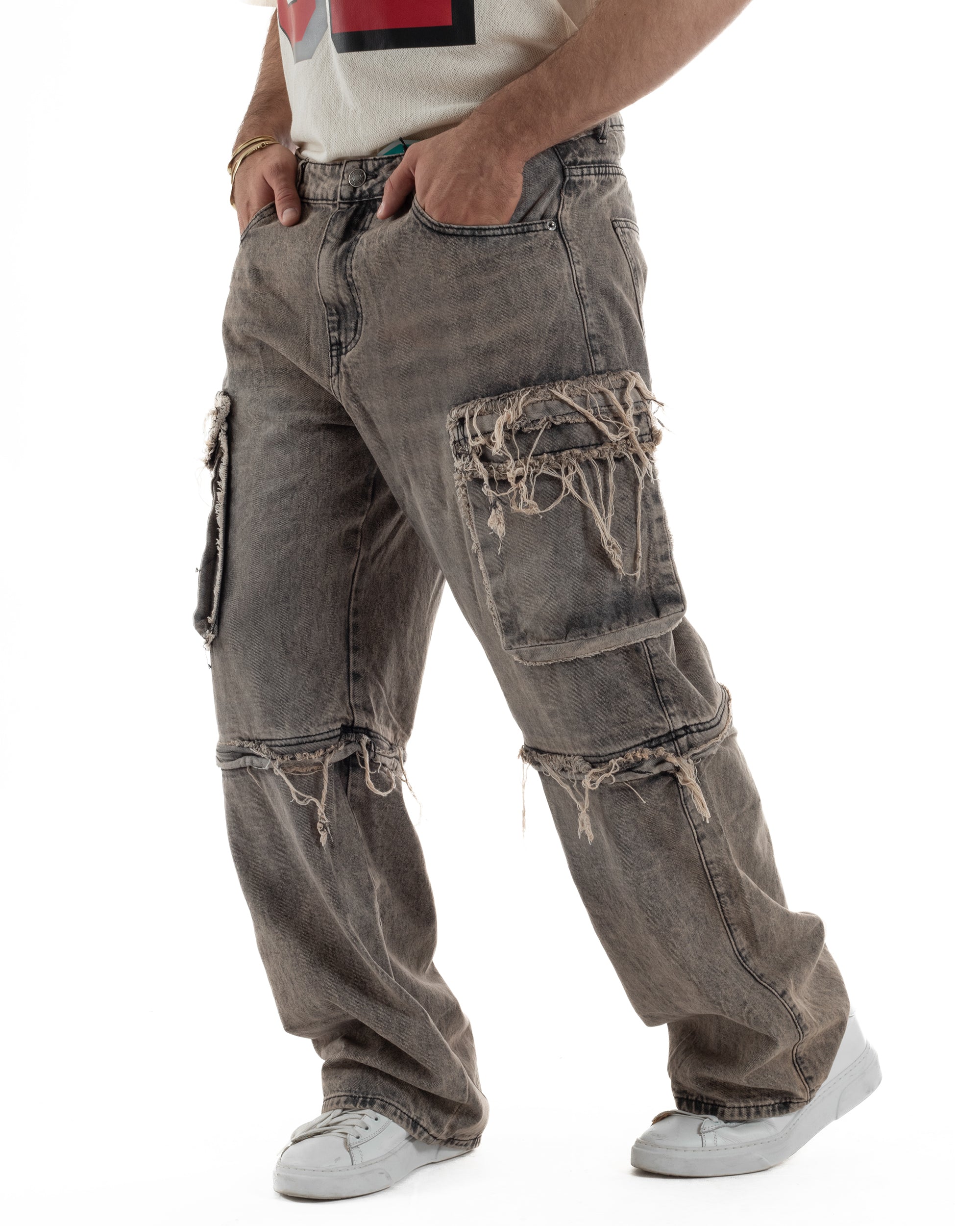 Jeans cargo uomo barrel fit stone-washed baggy tasconi zip nero sabbiato GIOSAL-JS1188A
