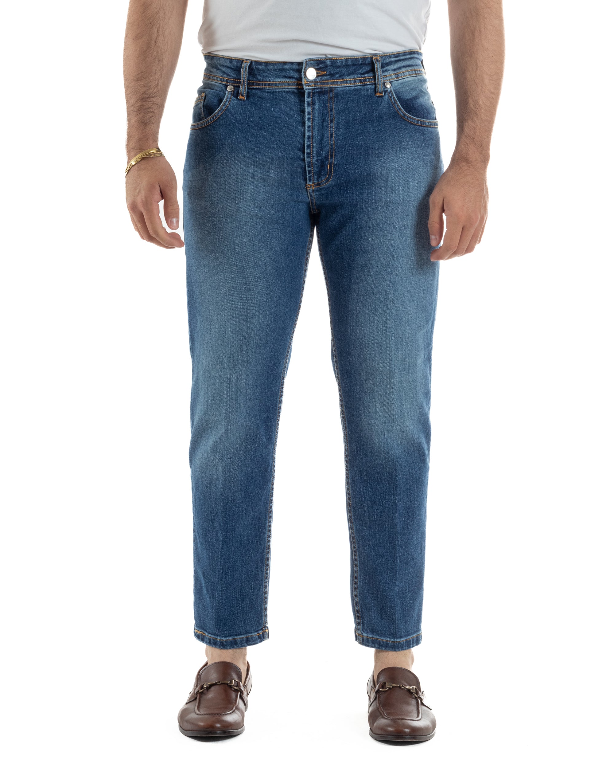 Vista frontale jeans blu uomo slim fit cinque tasche chiusura bottone zip Black Sunday