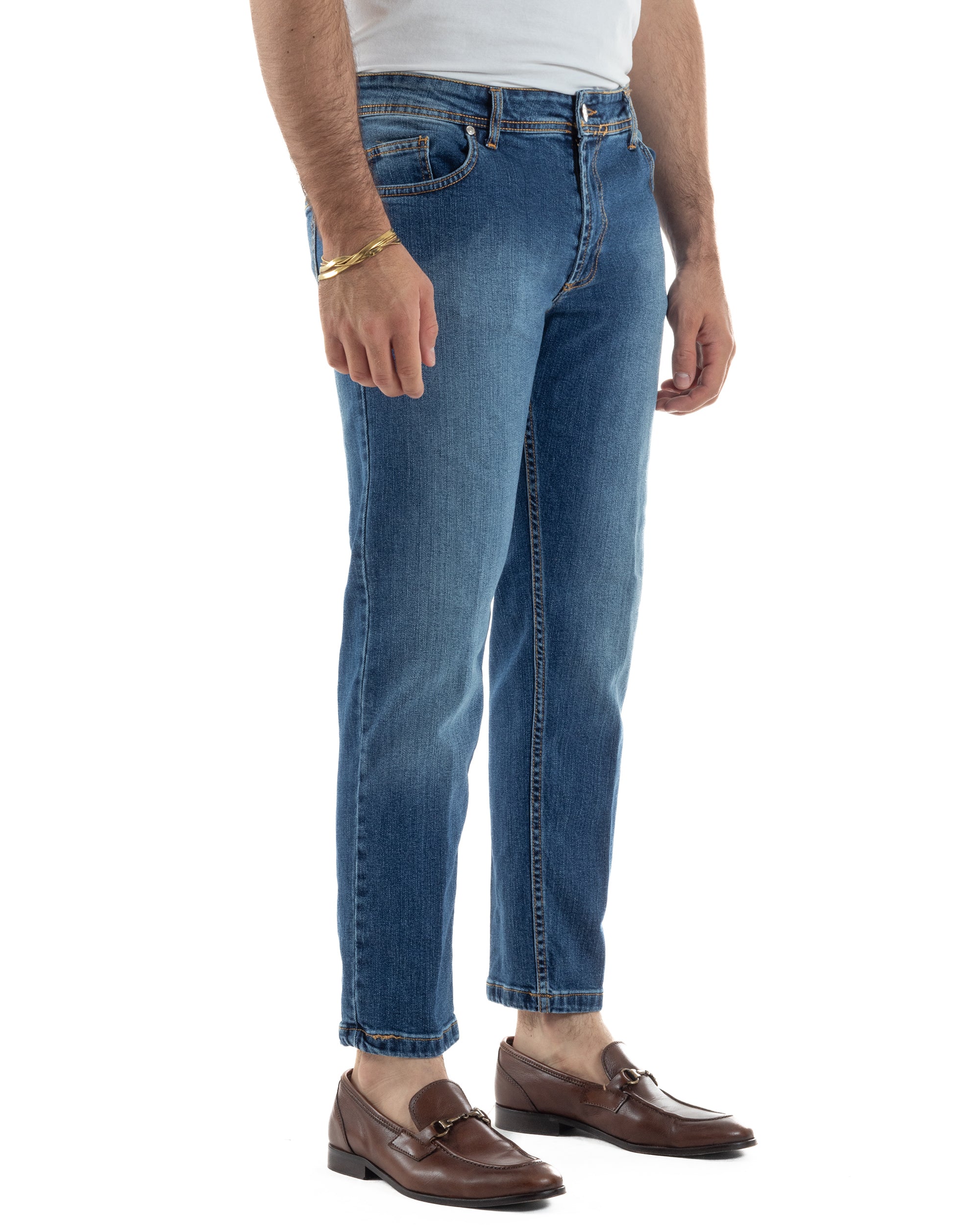 Vista completa jeans uomo blu slim fit stone-washed 98% cotone elastane made in Italy