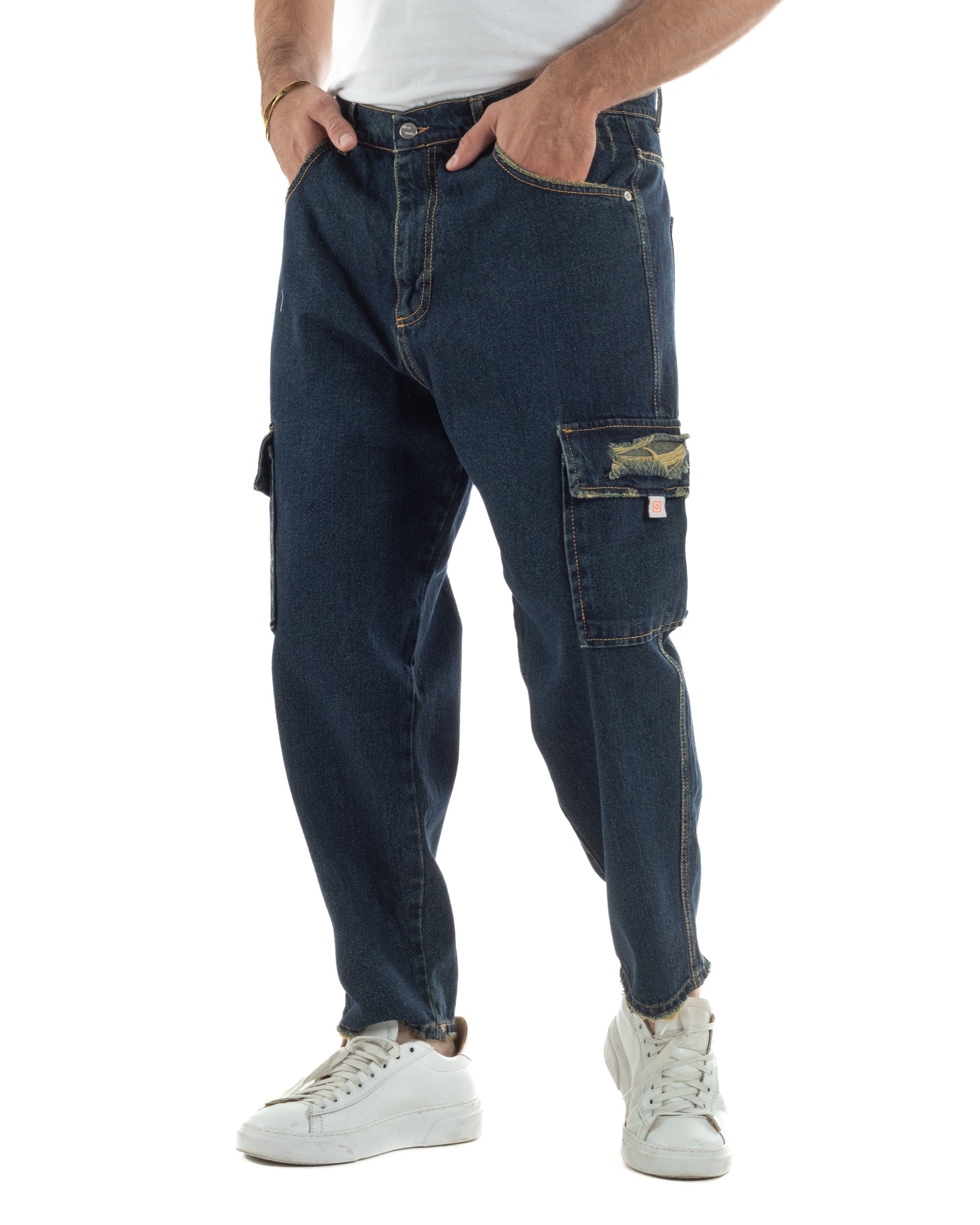 Jeans uomo cargo loose fit pantaloni tasconi rotture denim scuro sabbiato BlackSunday JS1191A