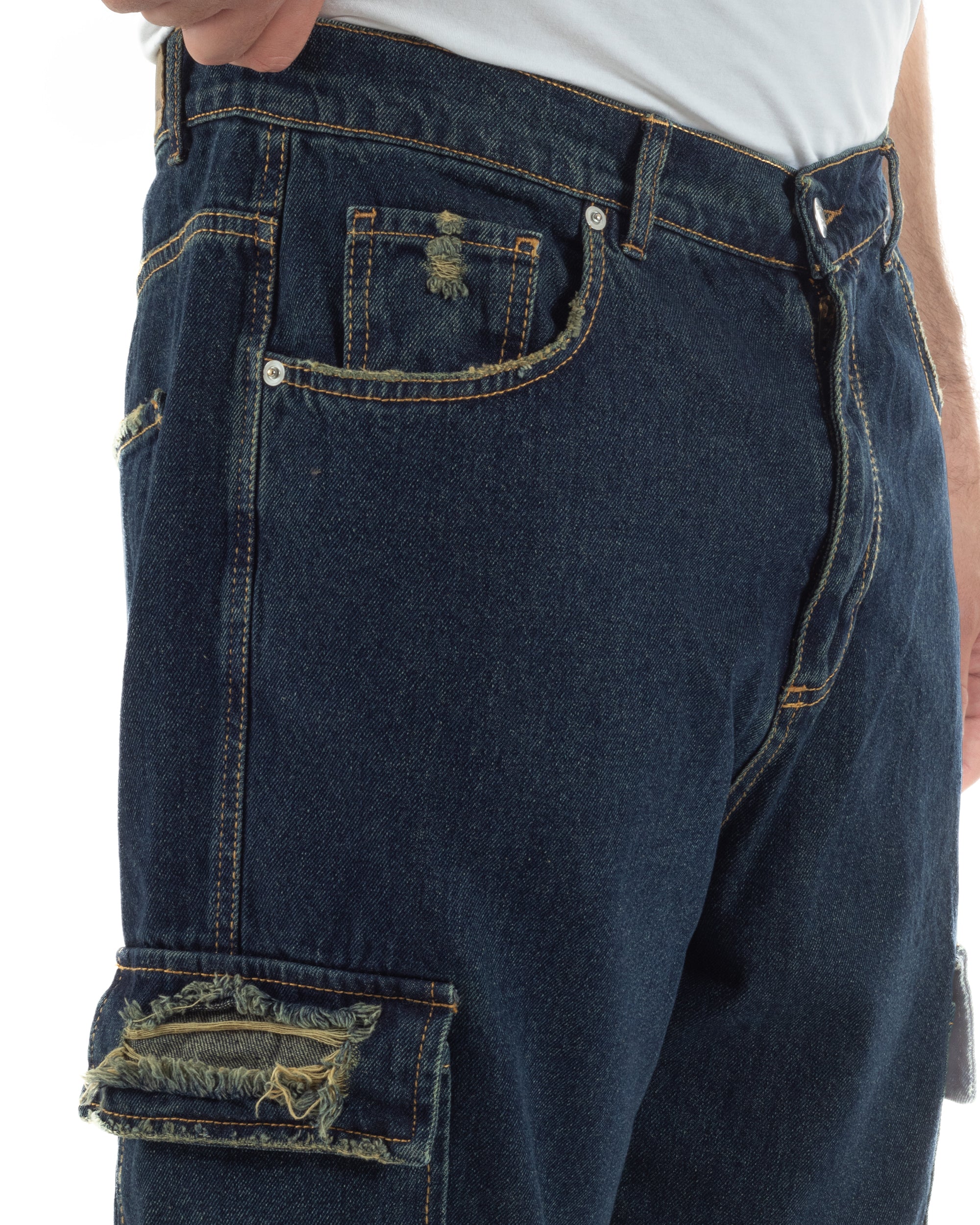 Jeans uomo cargo loose fit pantaloni tasconi rotture denim scuro sabbiato BlackSunday JS1191A
