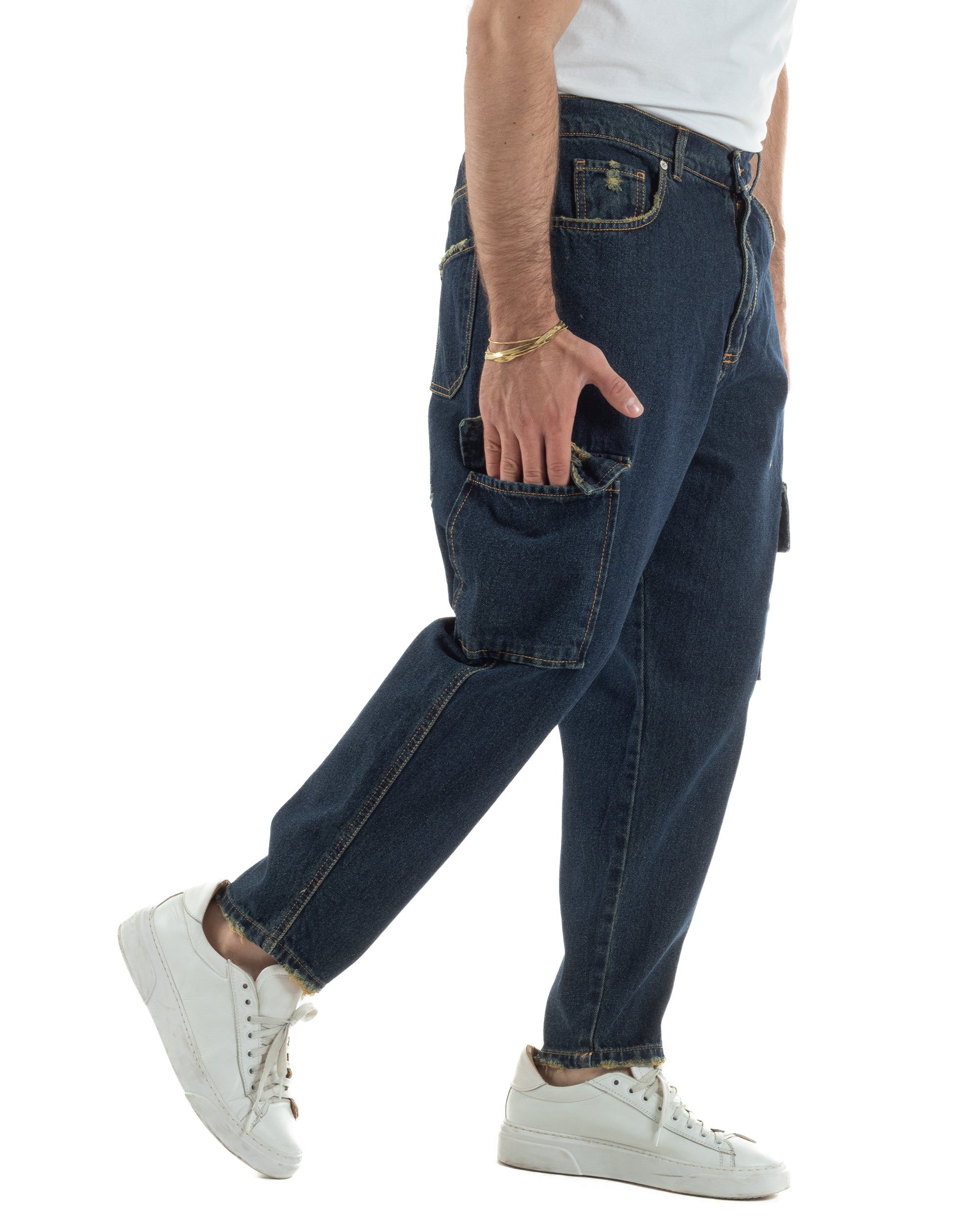 Jeans uomo cargo loose fit pantaloni tasconi rotture denim scuro sabbiato BlackSunday JS1191A