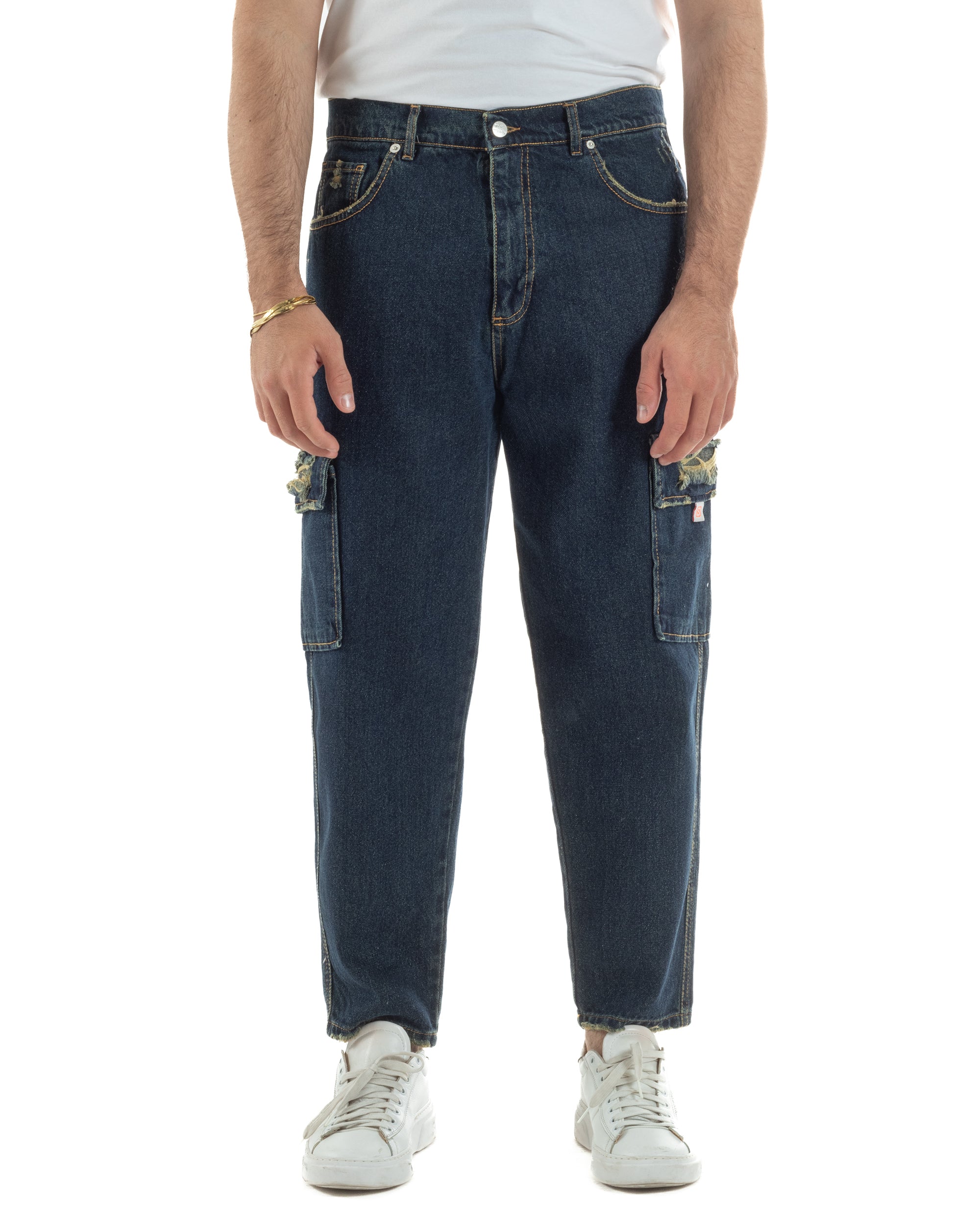 Jeans uomo cargo loose fit pantaloni tasconi rotture denim scuro sabbiato BlackSunday JS1191A