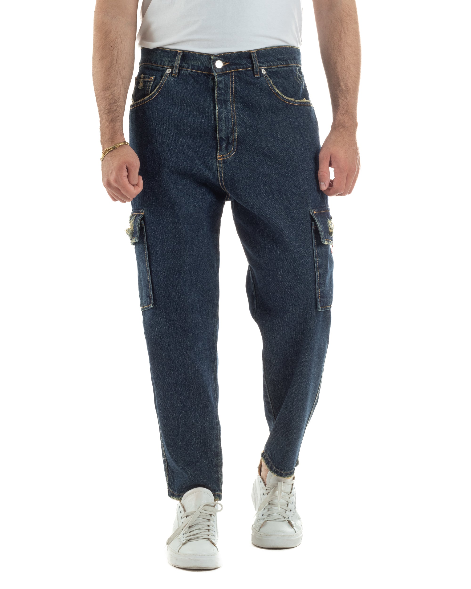 Jeans uomo cargo loose fit pantaloni tasconi rotture denim scuro sabbiato BlackSunday JS1191A