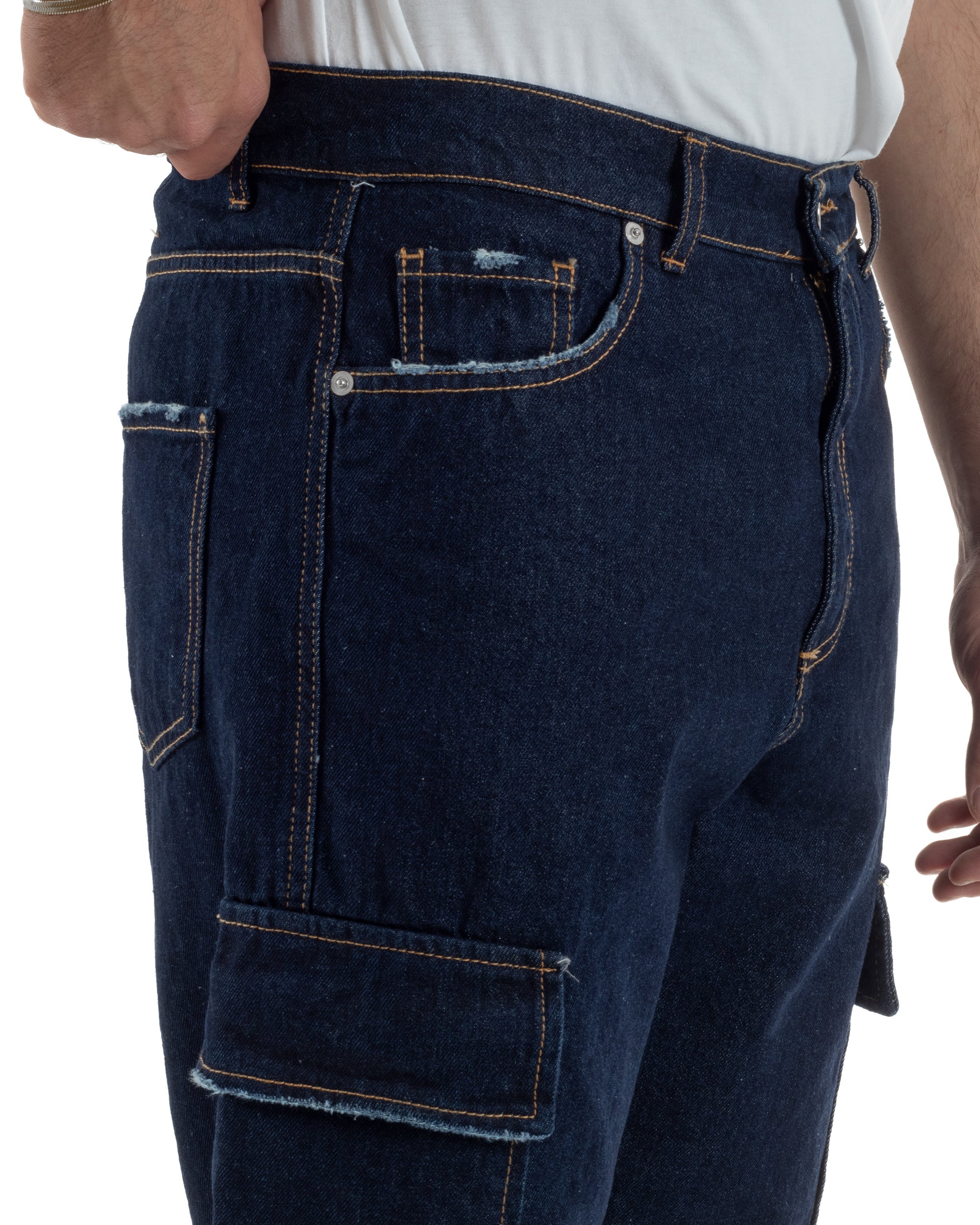 Jeans uomo cargo loose fit pantaloni tasconi sfrangiato lavaggio zero denim scuro BlackSunday JS1192A