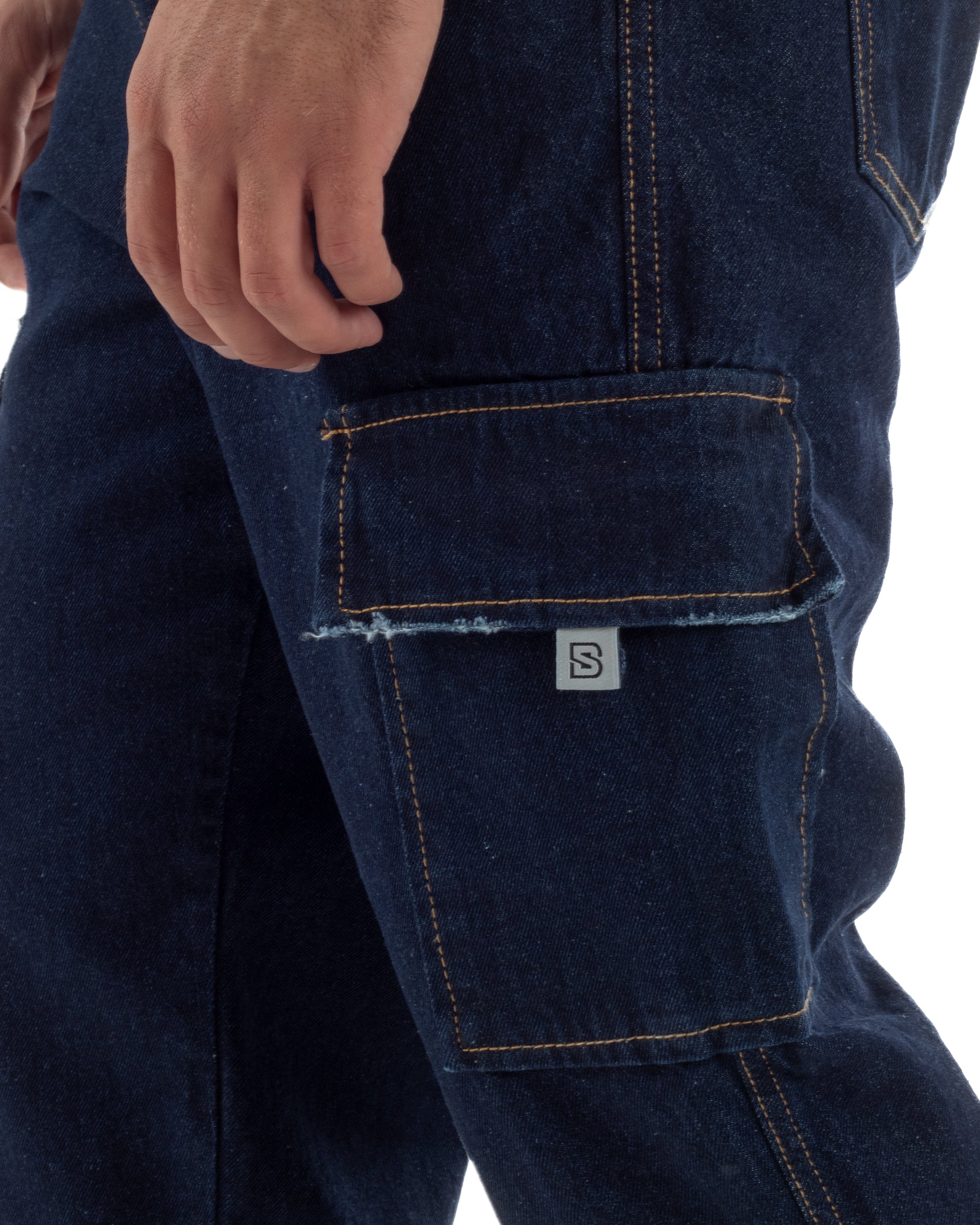 Jeans uomo cargo loose fit pantaloni tasconi sfrangiato lavaggio zero denim scuro BlackSunday JS1192A