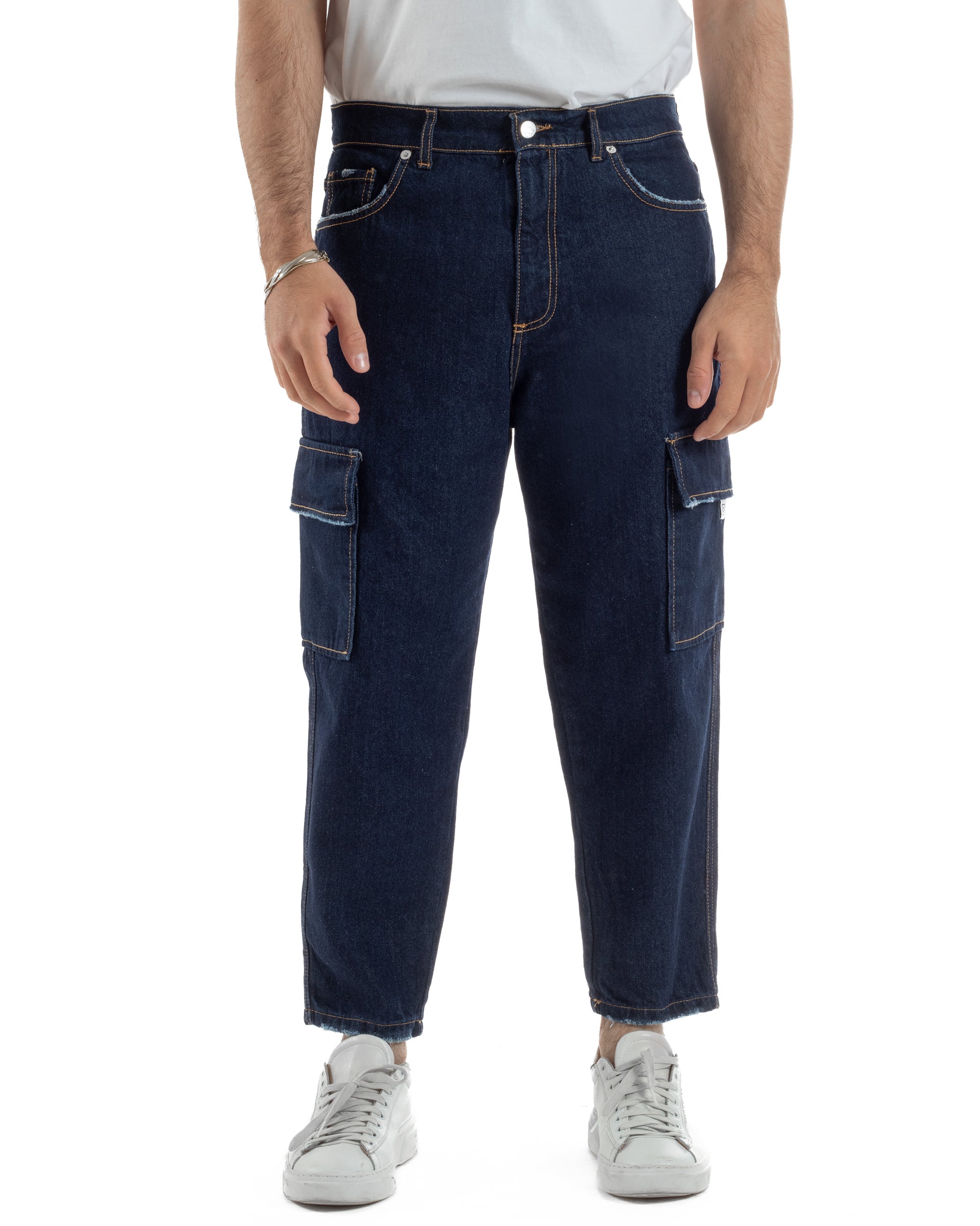 Jeans uomo cargo loose fit pantaloni tasconi sfrangiato lavaggio zero denim scuro BlackSunday JS1192A