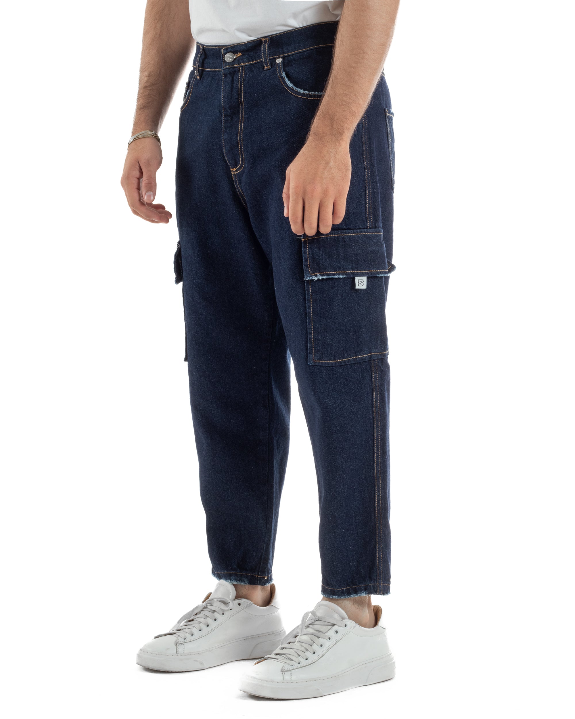 Jeans uomo cargo loose fit pantaloni tasconi sfrangiato lavaggio zero denim scuro BlackSunday JS1192A