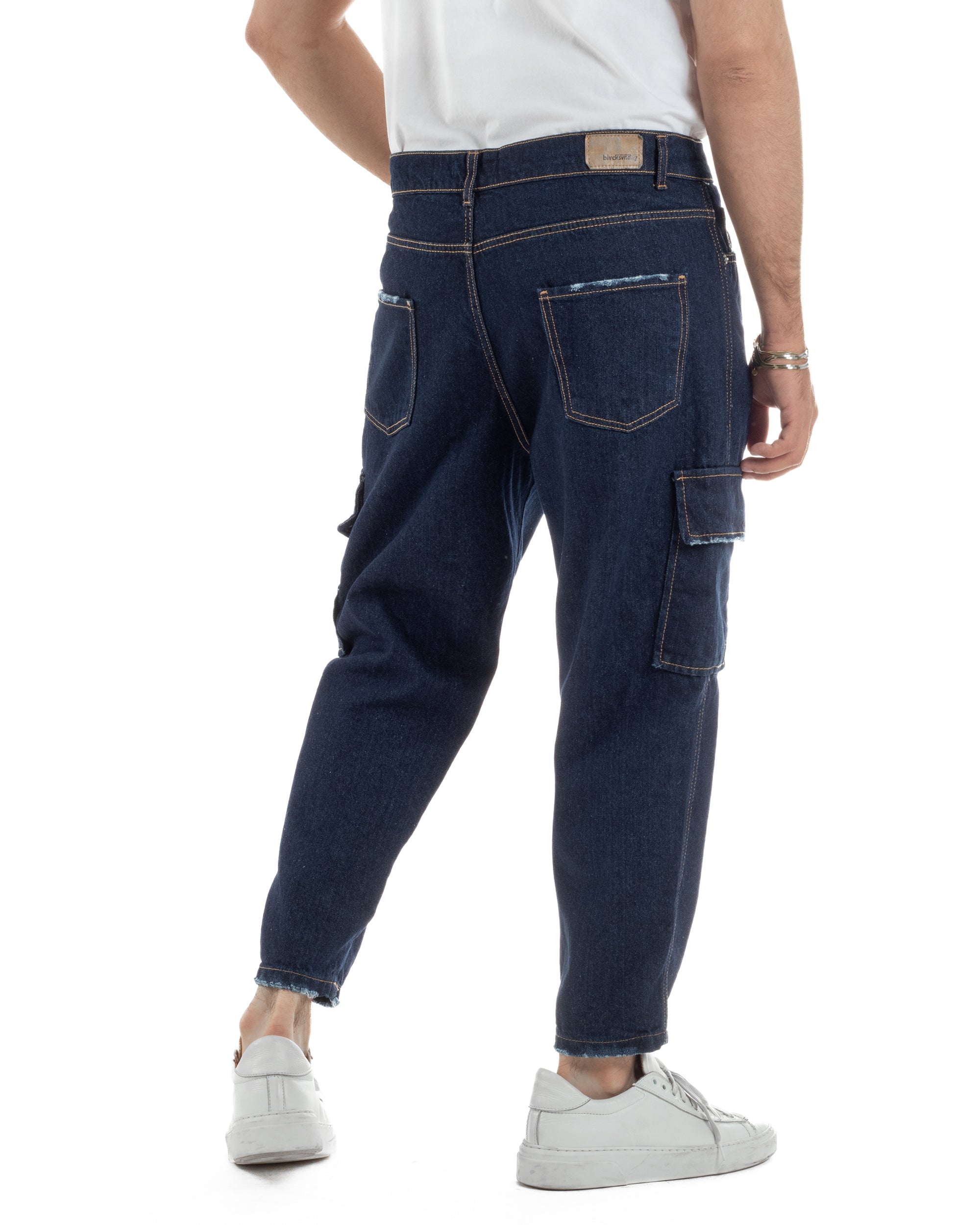 Jeans uomo cargo loose fit pantaloni tasconi sfrangiato lavaggio zero denim scuro BlackSunday JS1192A