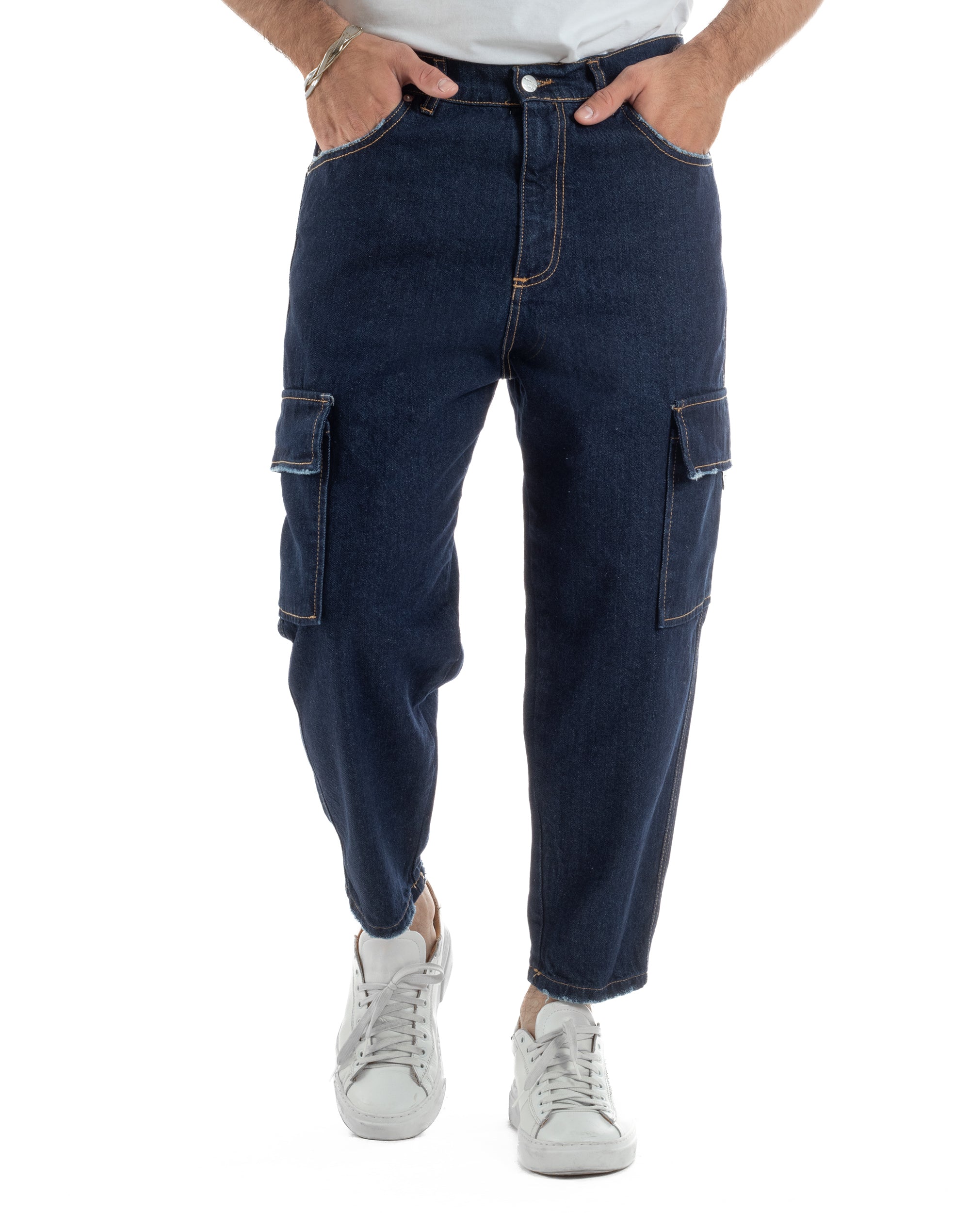Jeans uomo cargo loose fit pantaloni tasconi sfrangiato lavaggio zero denim scuro BlackSunday JS1192A